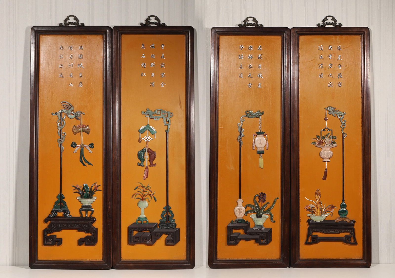 A SET OF FOUR ZITAN WOOD AND LACQUER WALL SCREENS INLAID WITH GEMSTONES AND POEMS, QIANLONG PERIOD, (1 of 15)