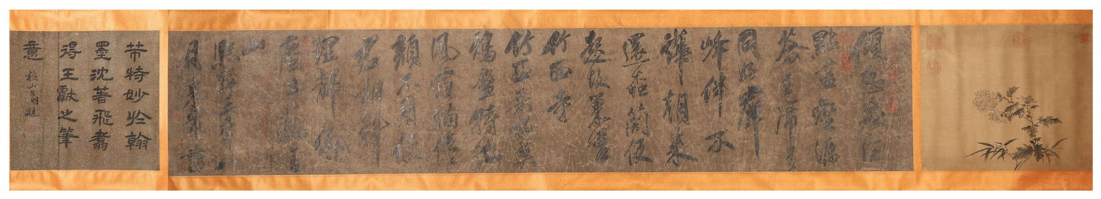 MI FU, RUNNING SCRIPT POEM, NORTHERN SONG DYNASTY, HANDSCROLL WITH CHRYSANTHEMUM PAINTING (FRONT): Paper Texture, 101.57 inches x 13.78 inches (258.0 cm x 35.0 cm)Opening with an ink chrysanthemum painting, this scroll features Mi Fu’s iconic "brush-sweeping” calligraphy, exemplifying North