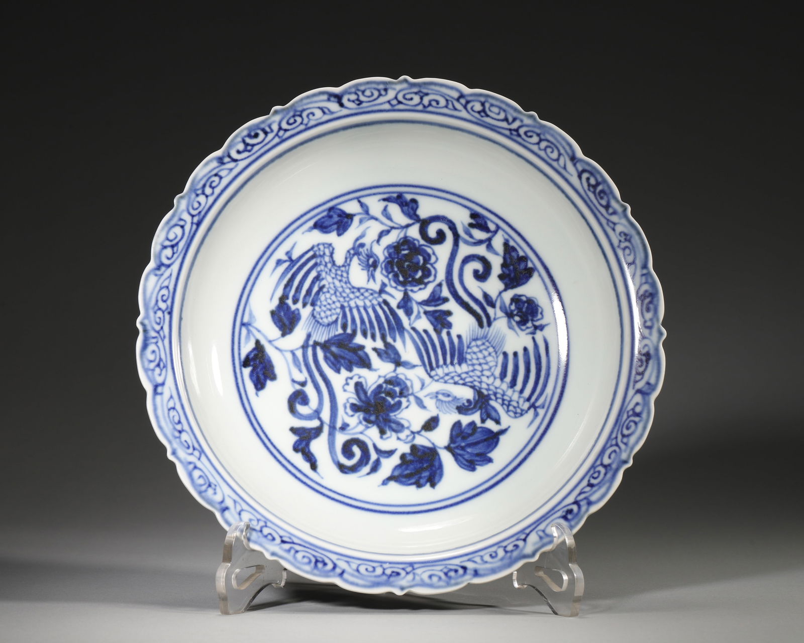 YUAN DYNASTY BLUE AND WHITE LOBED DISH WITH TWO PHOENIXES AMID FLORAL SCROLLS (1 of 6)
