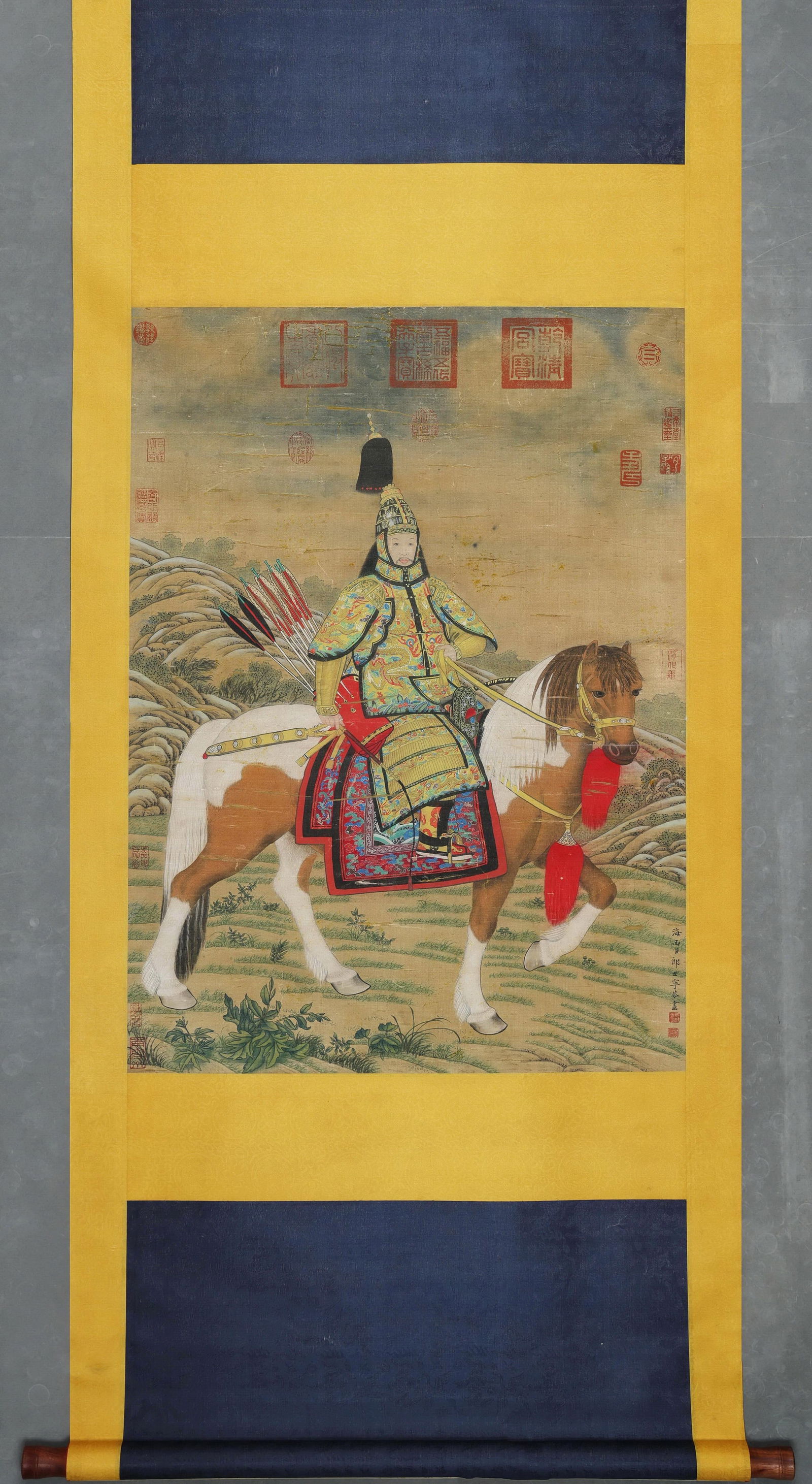 QING DYNASTY: GIUSEPPE CASTIGLIONE - 'EMPEROR QIANLONG HUNTING' - HANGING SCROLL, PAPER: Heart Size: 35.43" x 25.98" inches (90 cm x 66 cm)Qing Dynasty, Giuseppe Castiglione (Lang Shining), Qianlong Hunting, ink and color on silk, hanging scroll. Depicting Emperor Qianlong in hunting atti