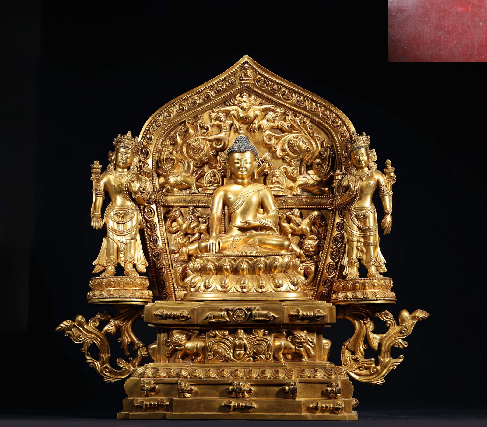 QIANLONG 45TH YEAR, IMPERIAL MADE QING DYNASTY: A GILT-BRONZE FIGURE OF SHAKYAMUNI BUDDHA WITH: 24.41" x 8.66" x 24.02" inches (62.0 cm x 22.0 cm x 61.0 cm) | Weight: 84.44 lbs (38300.0 g)A rare imperial gilt-bronze group cast in the 45th year of Qianlong (1780) to commemorate the 6th Panchen La