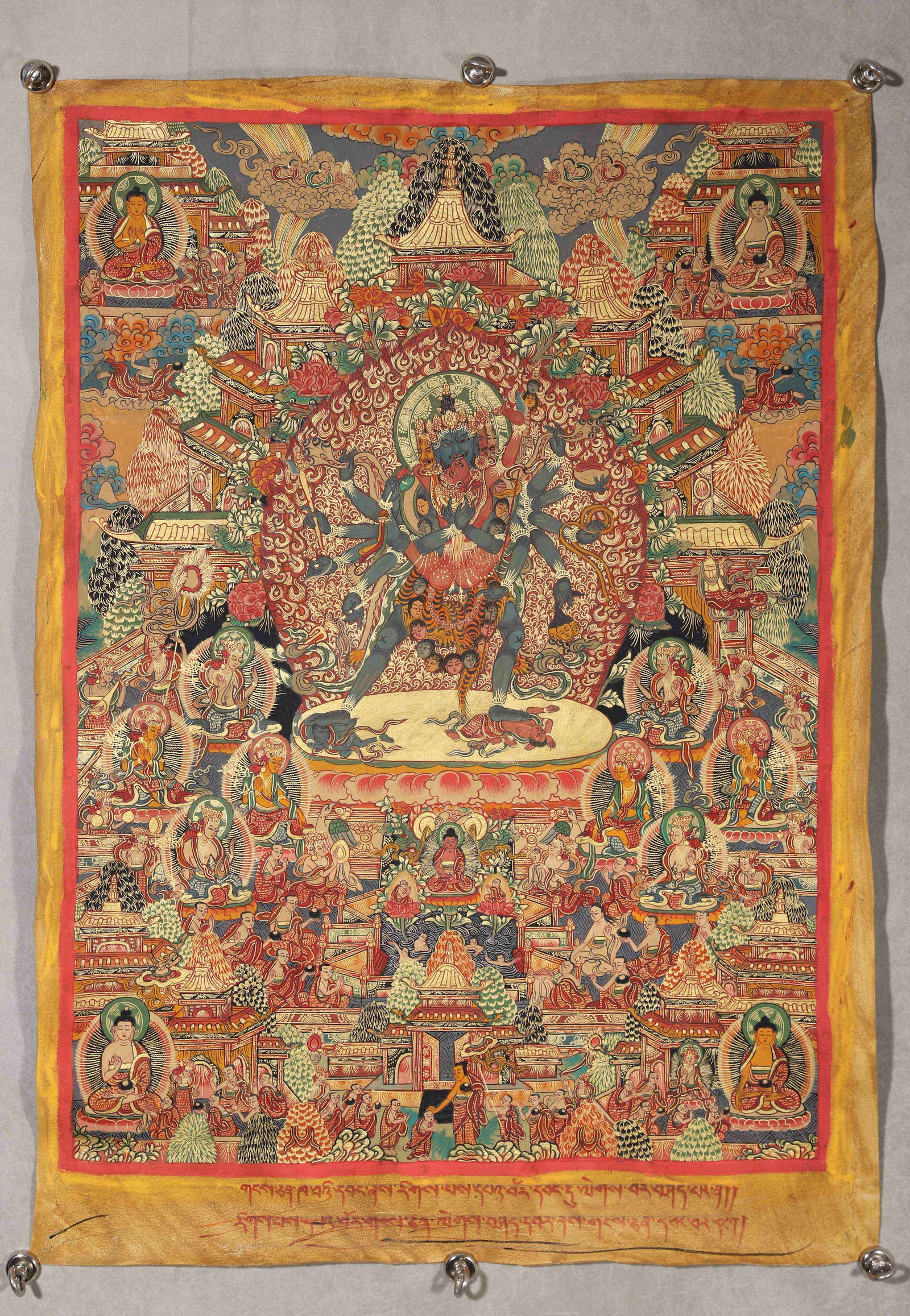 QING DYNASTY, A FINE TIBETAN HIDE THANGKA OF HEVAJRA MANDALA, WITH TIBETAN INSCRIPTIONS (1 of 12)