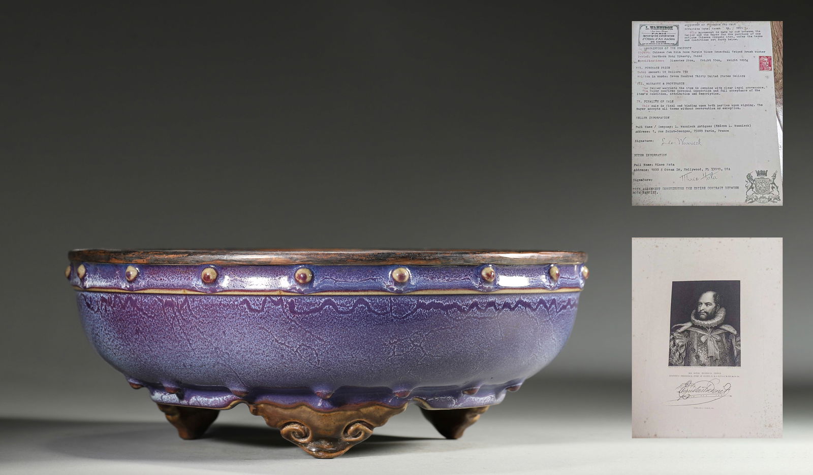 A FINE JUNYAO ROSE-PURPLE GLAZED TRIPOD WASHER WITH STUDS, NORTHERN SONG DYNASTY (960-1127): 10.24" x 3.94" inches (26.0 cm x 10.0 cm) (Main) | Weight: 4.17 lbs (1893.0 g)This washer is covered in a rich rose-purple glaze suffused with sky-blue splashes, with a lustrous surface and natural cr
