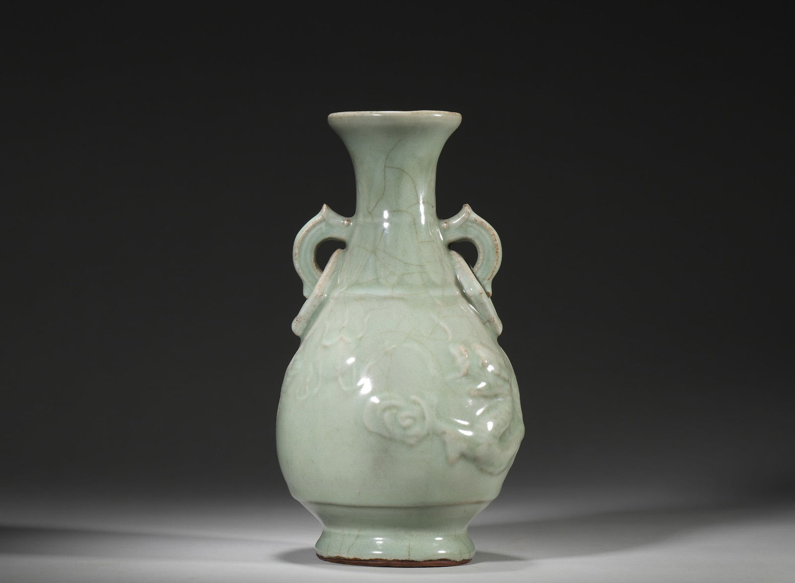 YUAN DYNASTY, LONGQUAN CELADON VASE WITH APPLIED DRAGON DESIGN AND RING HANDLES (1 of 5)