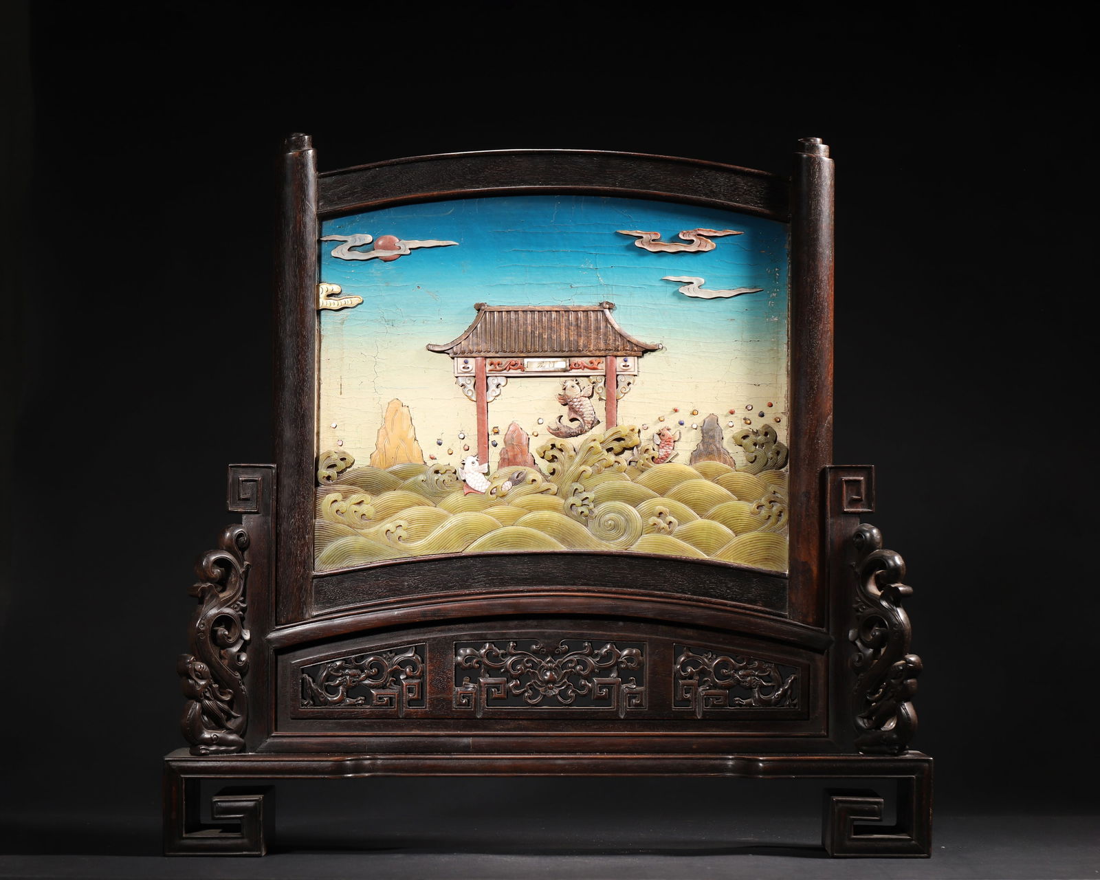 A ZITAN WOOD TABLE SCREEN INLAID WITH GEMSTONES AND SHELL, QIANLONG PERIOD, QING DYNASTY (1 of 11)