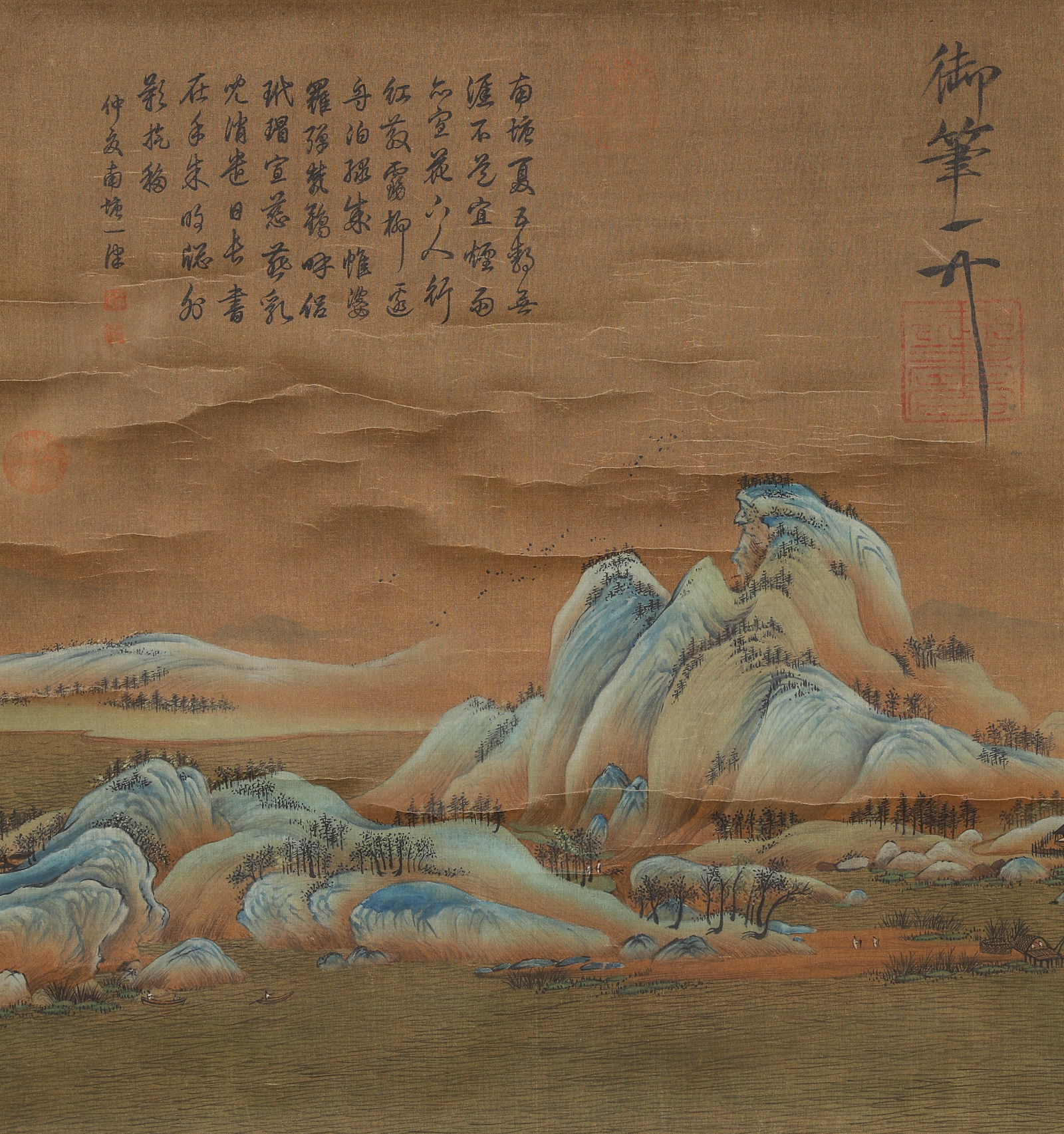 EMPEROR HUIZONG, GREEN LANDSCAPE "SUMMER AT SOUTH POND", NORTHERN SONG DYNASTY, WITH IMPERIAL: Silk Texture, 20.08 inches x 18.9 inches (51.0 cm x 48.0 cm)Executed in mineral pigments, this work depicts Jiangnan misty landscapes. With Emperor Huizong’s "Imperial Brush” inscription and Q