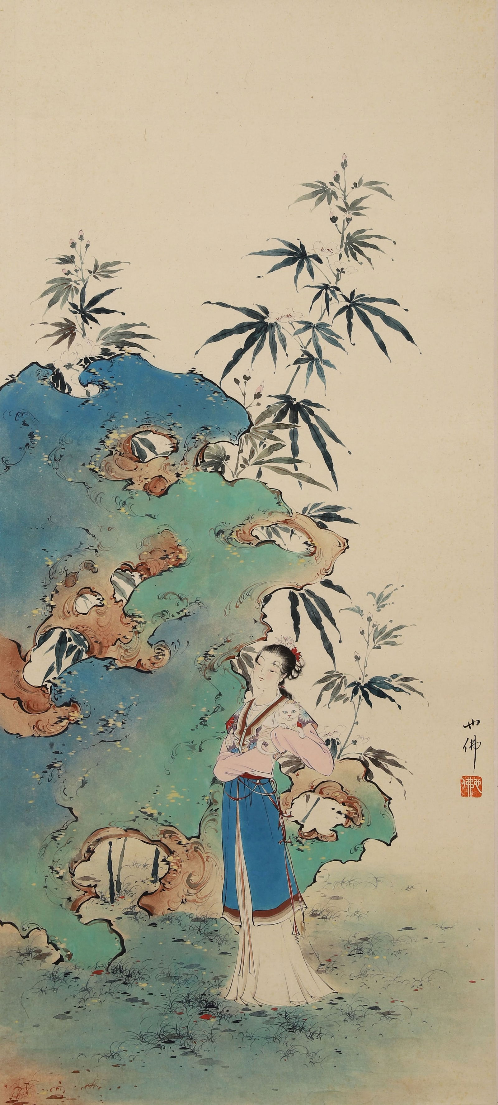 LADY PLAYING WITH CAT HANGING SCROLL BY HU YEFO, MODERN CHINESE PERIOD: Paper Texture, Painting Core: 27.17" x 12.2" (69.0cm x 31.0cm)A fine figure painting by Hu Yefo, this work depicts a lady holding a cat in meticulous color. The soft, vigorous lines and bright colors