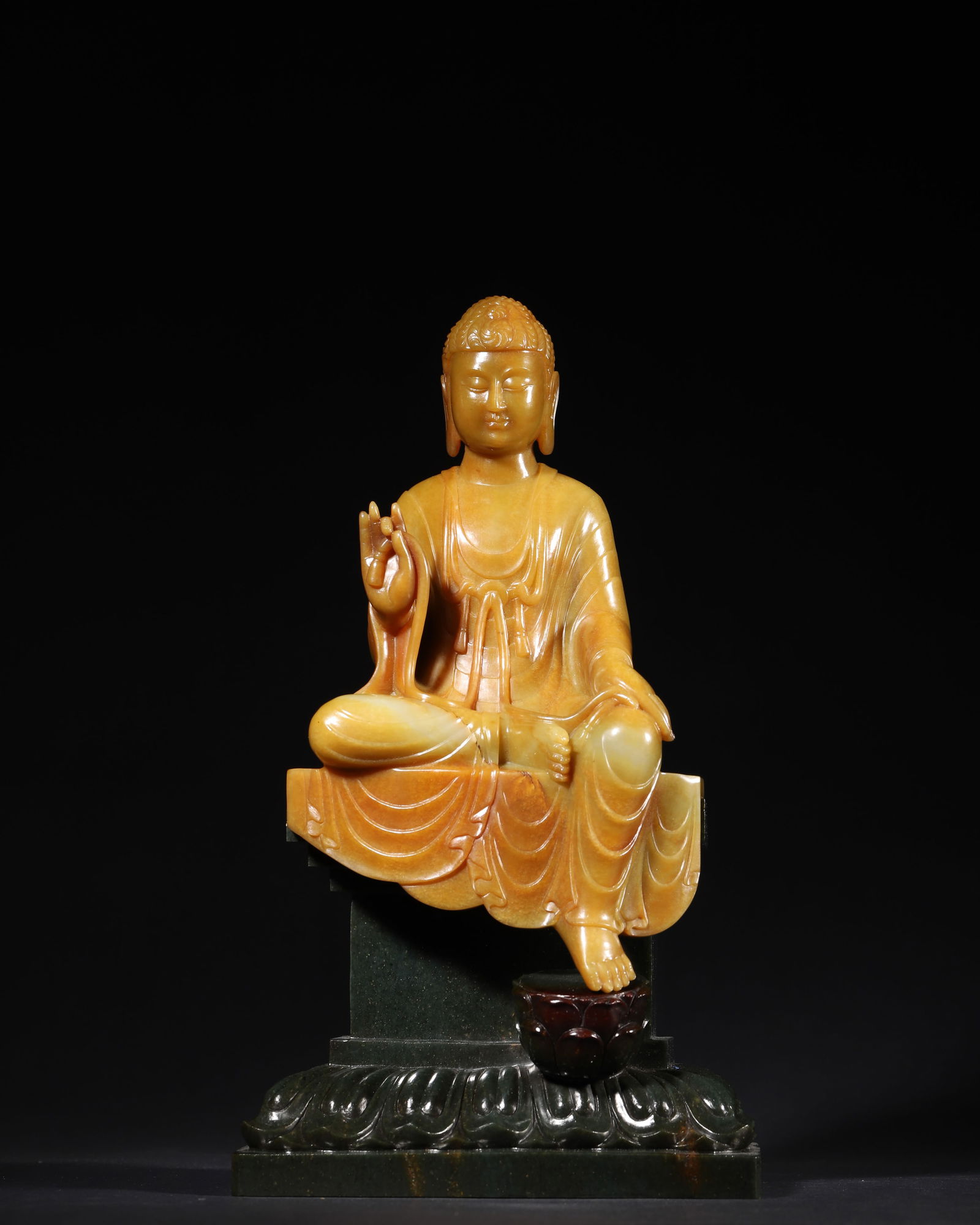 SONG DYNASTY HETIAN YELLOW JADE SAKYAMUNI BUDDHA SEATED STATUE WITH JASPER SUMERU BASE (1 of 7)