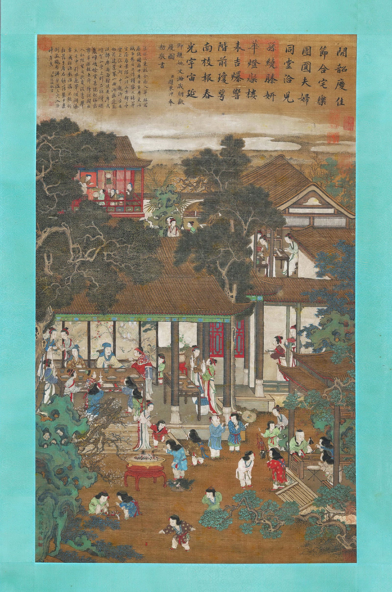 QING DYNASTY: YAO WENHAN - 'NEW YEAR CELEBRATION' - HANGING SCROLL, SILK: Heart Size: 45.67" x 26.38" inches (116 cm x 67 cm)Colophons by Jin Deying and Zhao Bingchong, elegantly mounted.