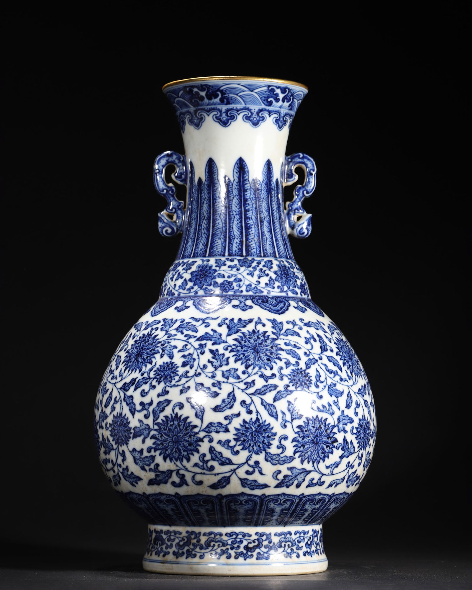 A FINE QIANLONG PERIOD (18TH CENTURY) BLUE AND WHITE YUHUCHUNPING VASE WITH FLORAL SCROLLS AND (1 of 7)