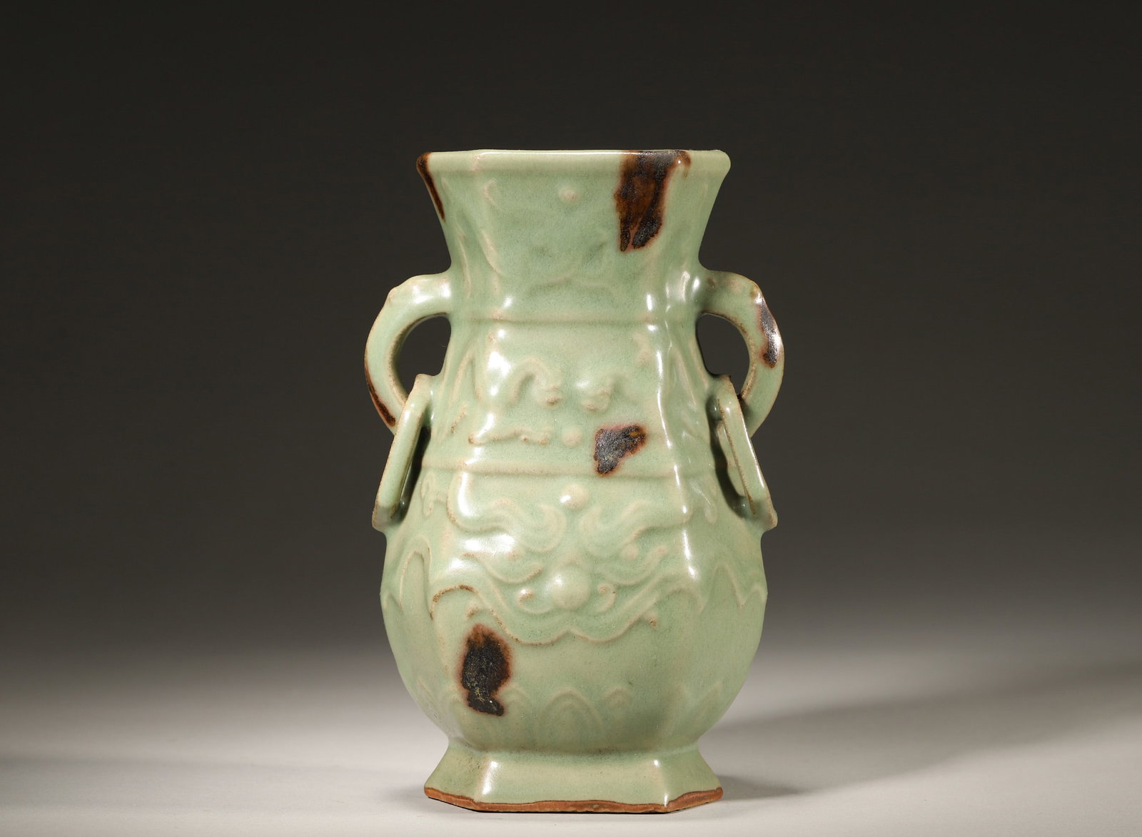 A SOUTHERN SONG DYNASTY LONGQUAN CELADON HEXAGONAL VASE WITH BROWN SPLASHES, TAOTIE MOTIFS AND LOOSE (1 of 5)