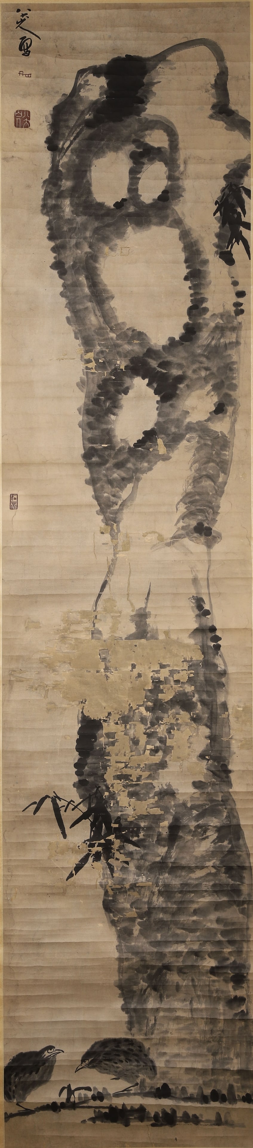 QING DYNASTY, KANGXI PERIOD: BADA SHANREN, "ROCK AND TWO BIRDS" HANGING SCROLL (1 of 7)