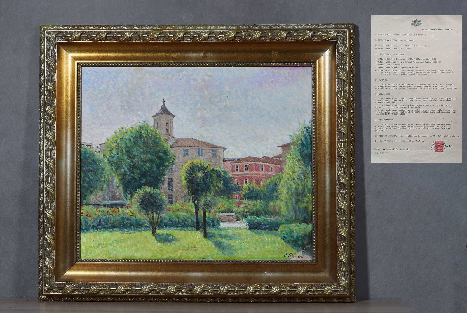 CAMILLE PISSARRO,1830-1903,ATTRIBUTED TO, OIL ON CANVAS: CERTIFICATE OF CUSTOMS CLEARANCE FOR ARTWORKCONSULATE-GENERAL FOR AUSTRALIADocument Reference: AU-CUS-1985-006Date of Issue: June 3, 198532.28" x 28.35" inches (82.0 cm x 72.0 cm) (Main) | 23.62" x 19