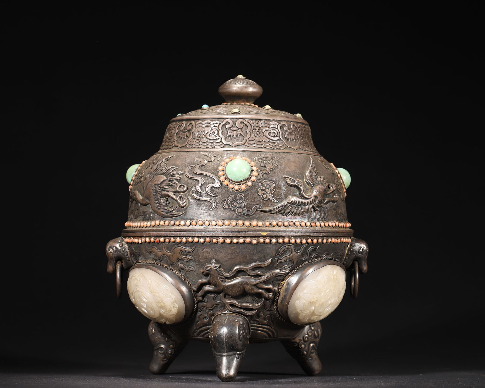 QING DYNASTY, SILVER TRIPOD CENSER INLAID WITH JADE, GEMSTONES AND PHOENIX PATTERNS (1 of 10)