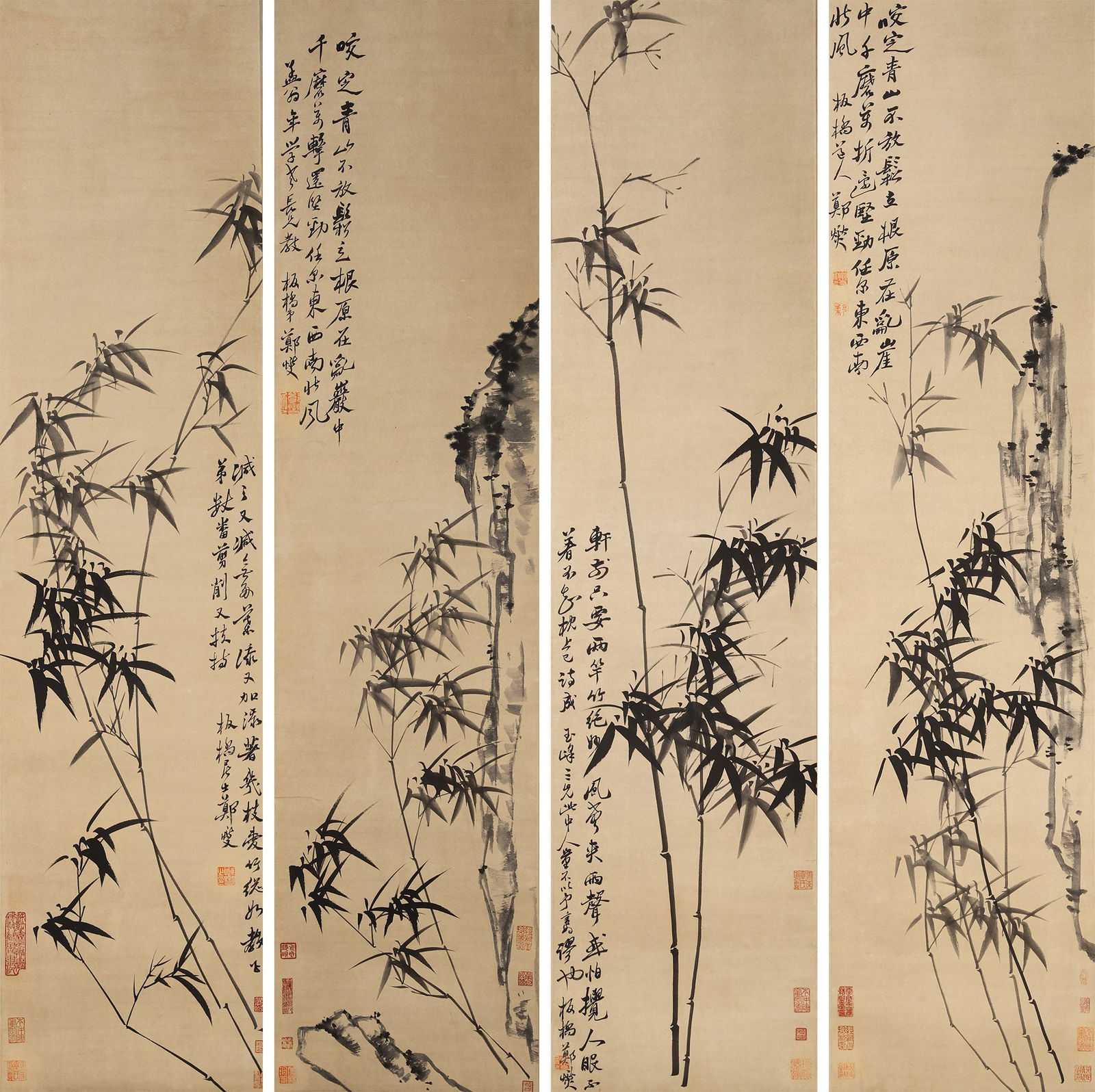 ZHENG XIE (BANQIAO), INK BAMBOO, FOUR PANELS, QIANLONG PERIOD, QING DYNASTY (1 of 15)