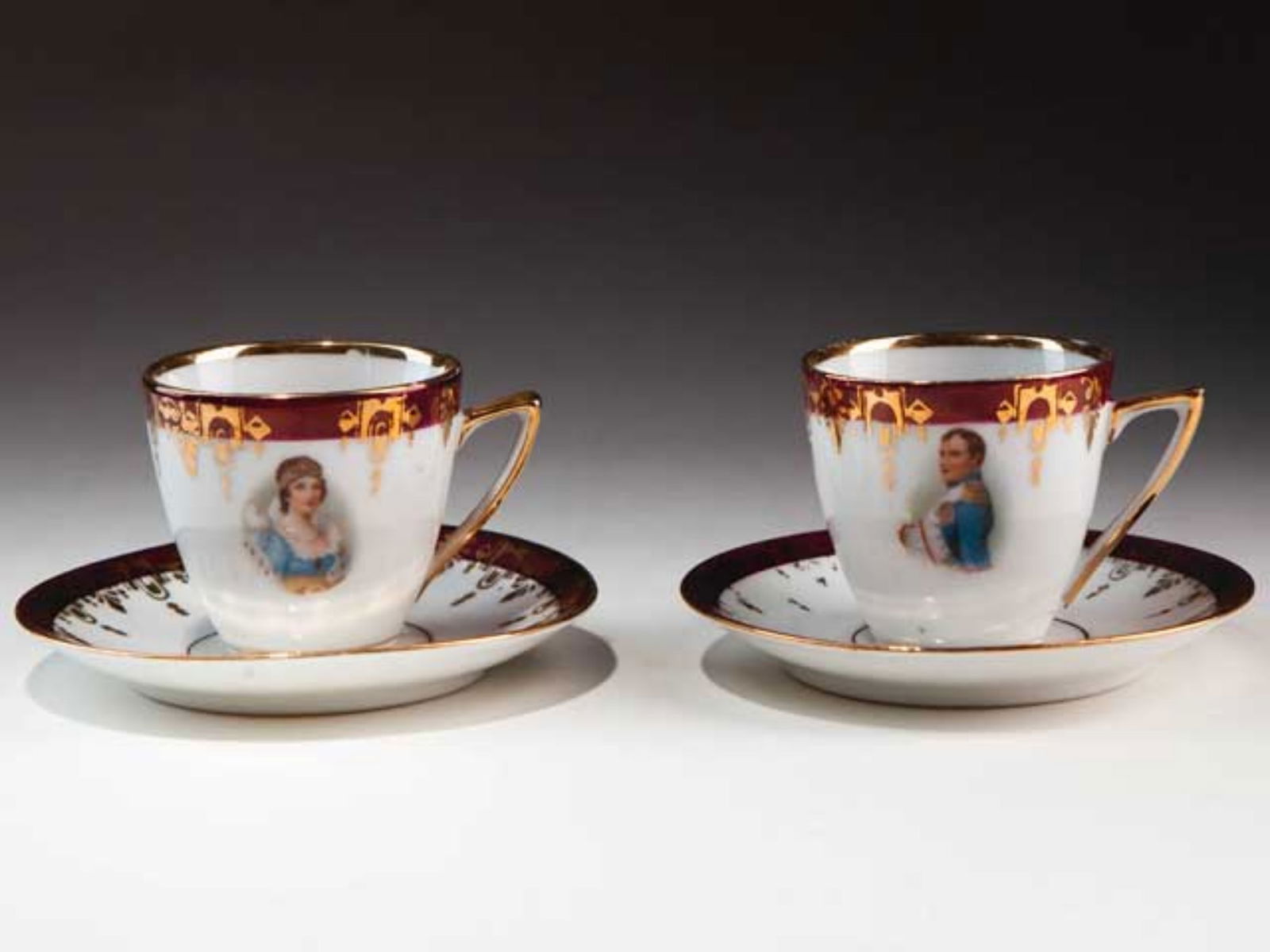 TWO SETS OF ITALIAN RICHARD GINORI PORCELAIN CUP AND SAUCER FOR MOCHA COFFEE/HERBAL TEA: Dimensions: Diameter 20cmPlace of Origin: Imperial Porcelain Manufactory Vienna (VIENNA), Austria (1718-present)Description: These two Rococo-style Vienna porcelain plates are dominated by soft apple