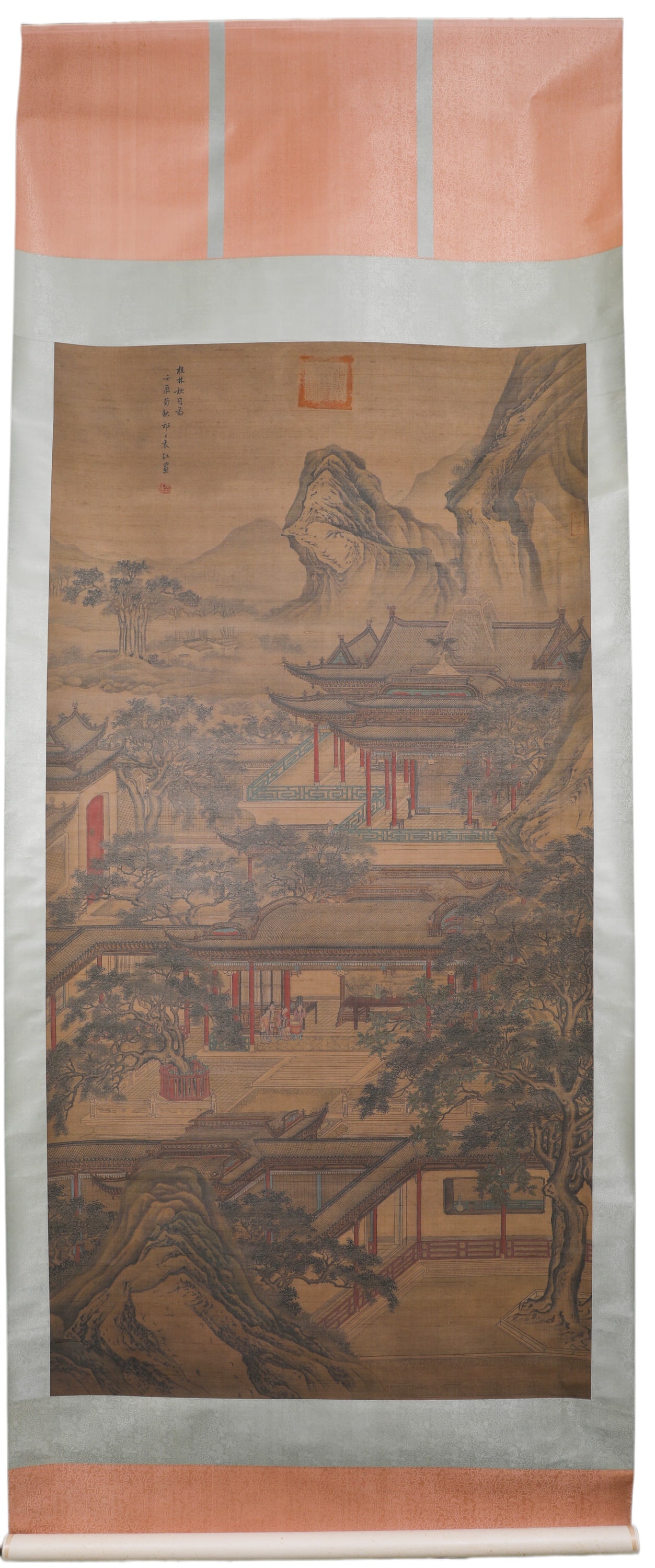 A VERTICAL SCROLL OF THE AUTUMN MOON IN GUILIN BY YUAN JIANG OF THE QING DYNASTY: H:192cmW:98cm Guilin Autumn Moon, a jiehua (boundary painting) by Yuan Jiang of the Qing Dynasty, depicts mountain pavilions and courtyards, integrating landscape and architecture, a fine example of