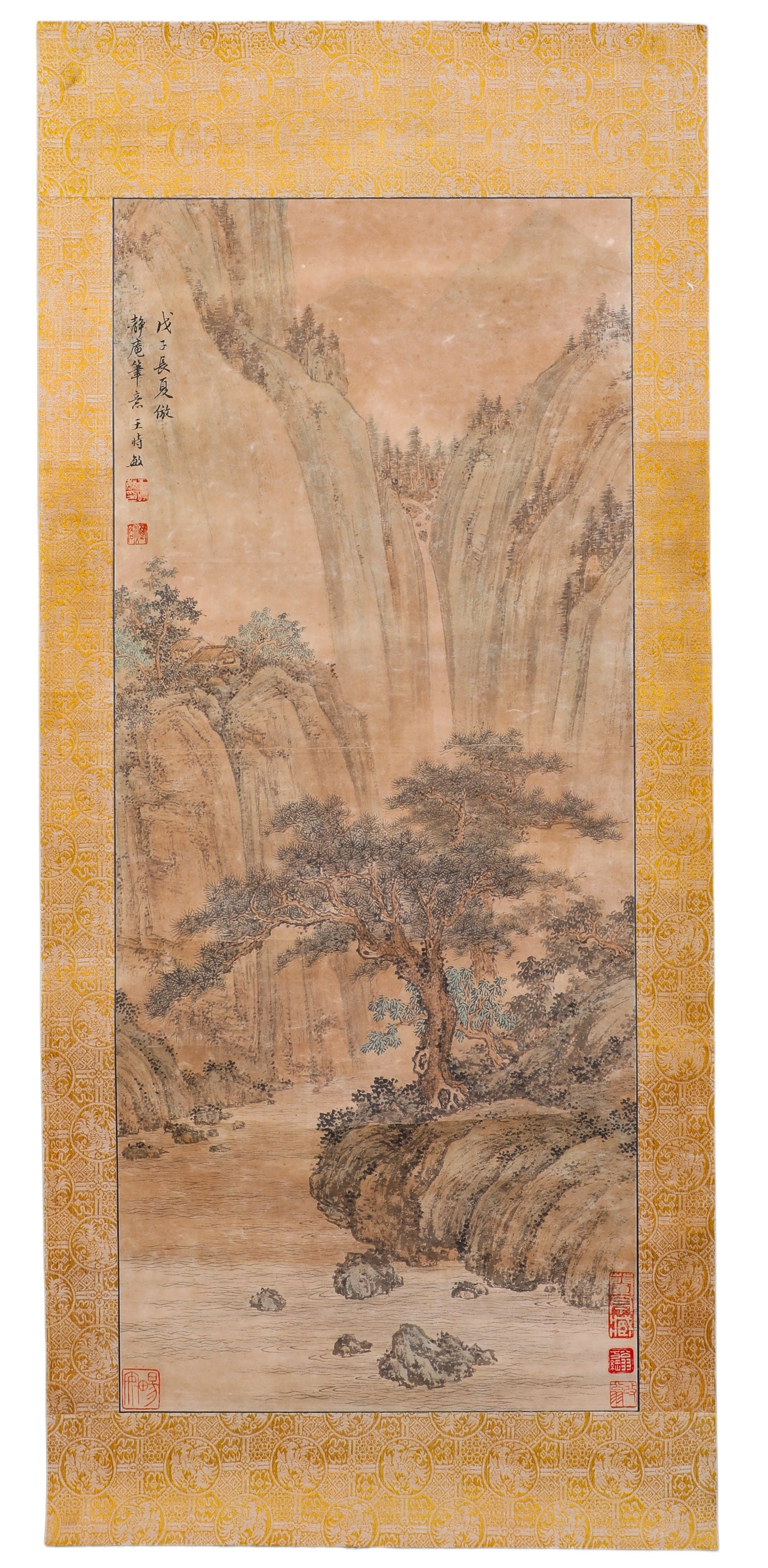 A PAINTING BY WANG SHIMIN, A PAINTER OF THE QING DYNASTY: H:78cmW:3cm This is a Pine Valley and Flowing Spring painting in the style of the Qing Dynasty painter Wang Shimin, a classic example of Qing literati landscape painting.