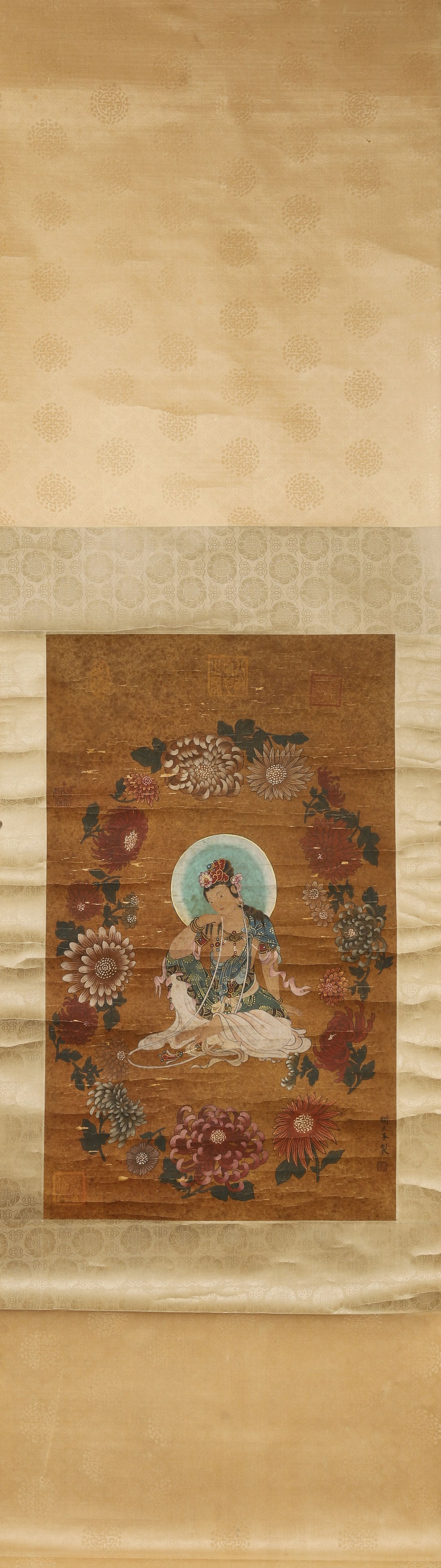 YAN LIBEN, PENSIVE BODHISATTVA, HANGING SCROLL, INK AND COLOR ON SILK, TANG DYNASTY: 68x41cm(26.77x16.14in)A museum-grade Tang Dynasty painting by master Yan Liben (c.601–673), ink and color on silk. Depicts a pensive Bodhisattva in Dunhuang style, a pinnacle of early Tang figure pa