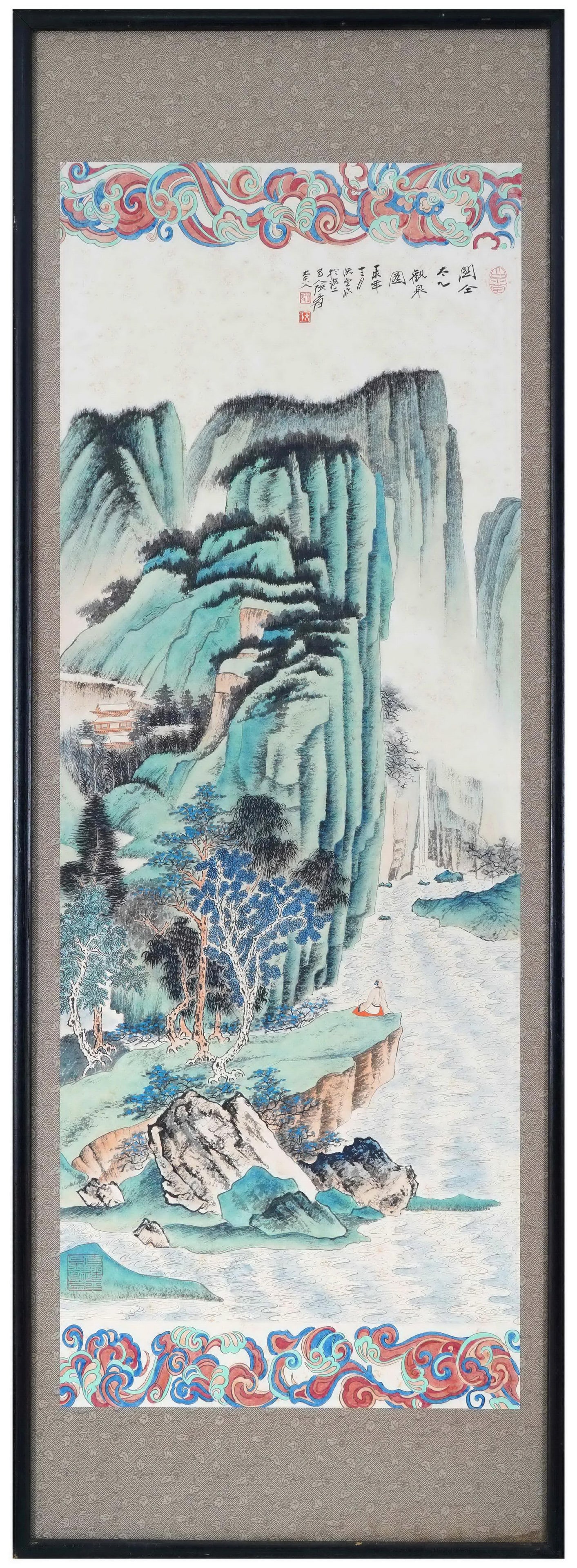 ZHANG DAQIAN (1899-1983) VIEWING THE WATERFALL AT TAIYI, FRAMED COLOR INK ON PAPER, DATED 1942 (1 of 11)