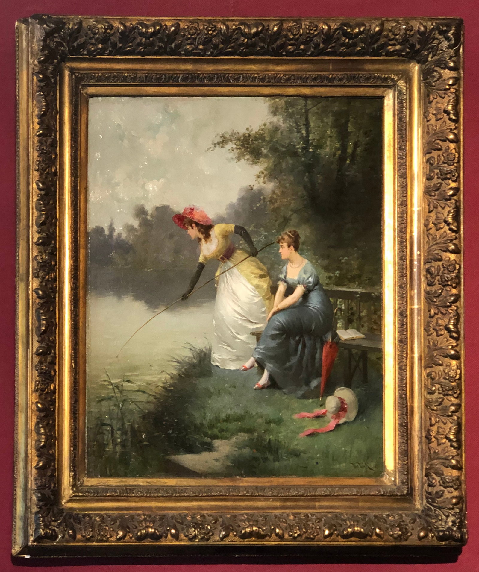 1891 OIL ON CANVAS BY DUTCH PAINTER HENRI VAN WYK, ARISTOCRATIC LADIES ON AN OUTING.: Year: 1891Oil on canvas, 19th-century gilt wood frame (Louis XVI style)Artist: Henri van Wyk (1833–?), Dutch painterSigned: van Wyk, lower rightFrame: 90x80 cm, Canvas: 65x53 cmProvenance: European
