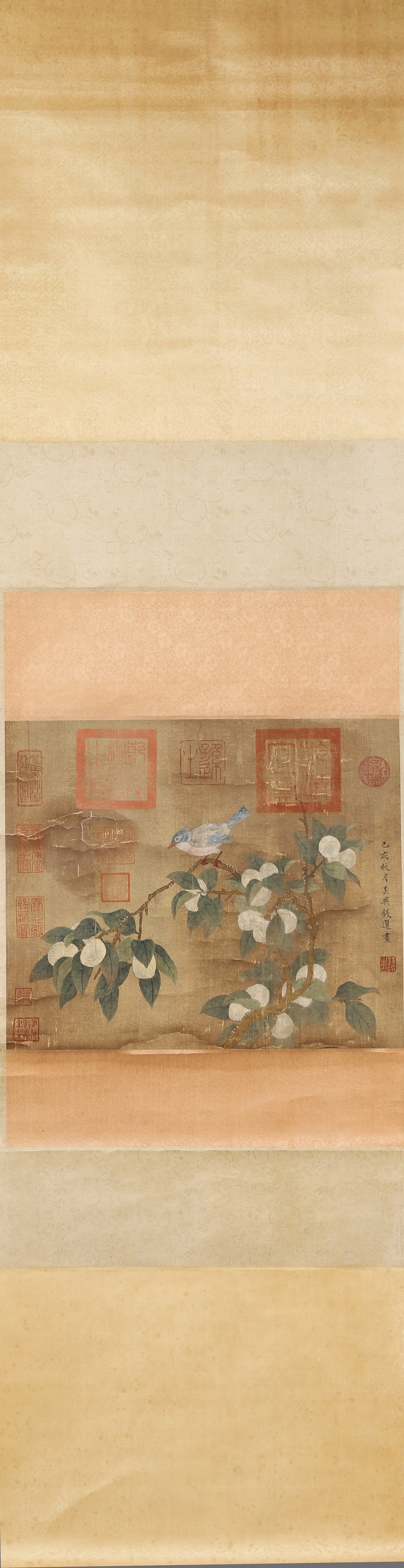 YUAN DYNASTY, QIAN XUAN, BIRD AND LYCHEE, INK AND COLOR ON SILK, HANGING SCROLL: 32x38cm(12.60x14.96in)A masterpiece by Qian Xuan, leading artist of the Yuan Dynasty. This exquisite hanging scroll on silk depicts a bird on lychee branches, blending Song court style with literati e