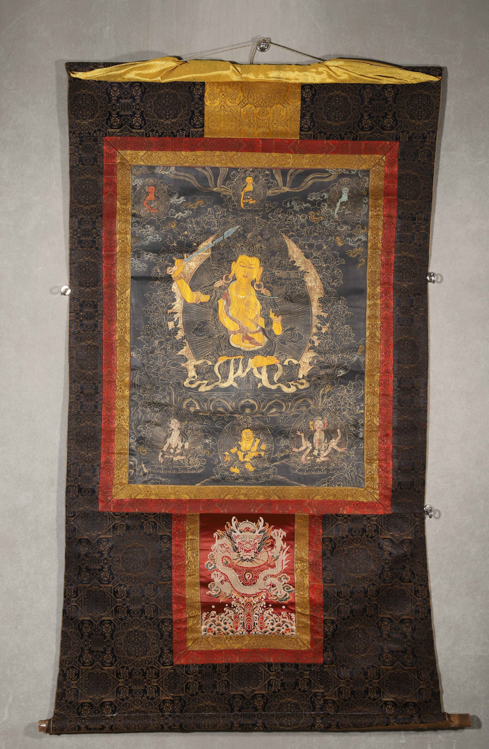 TIBETAN BUDDHIST BLACK THANGKA OF MANJUSHRI (IMPERIAL MOUNTING), 19TH CENTURY (1 of 10)