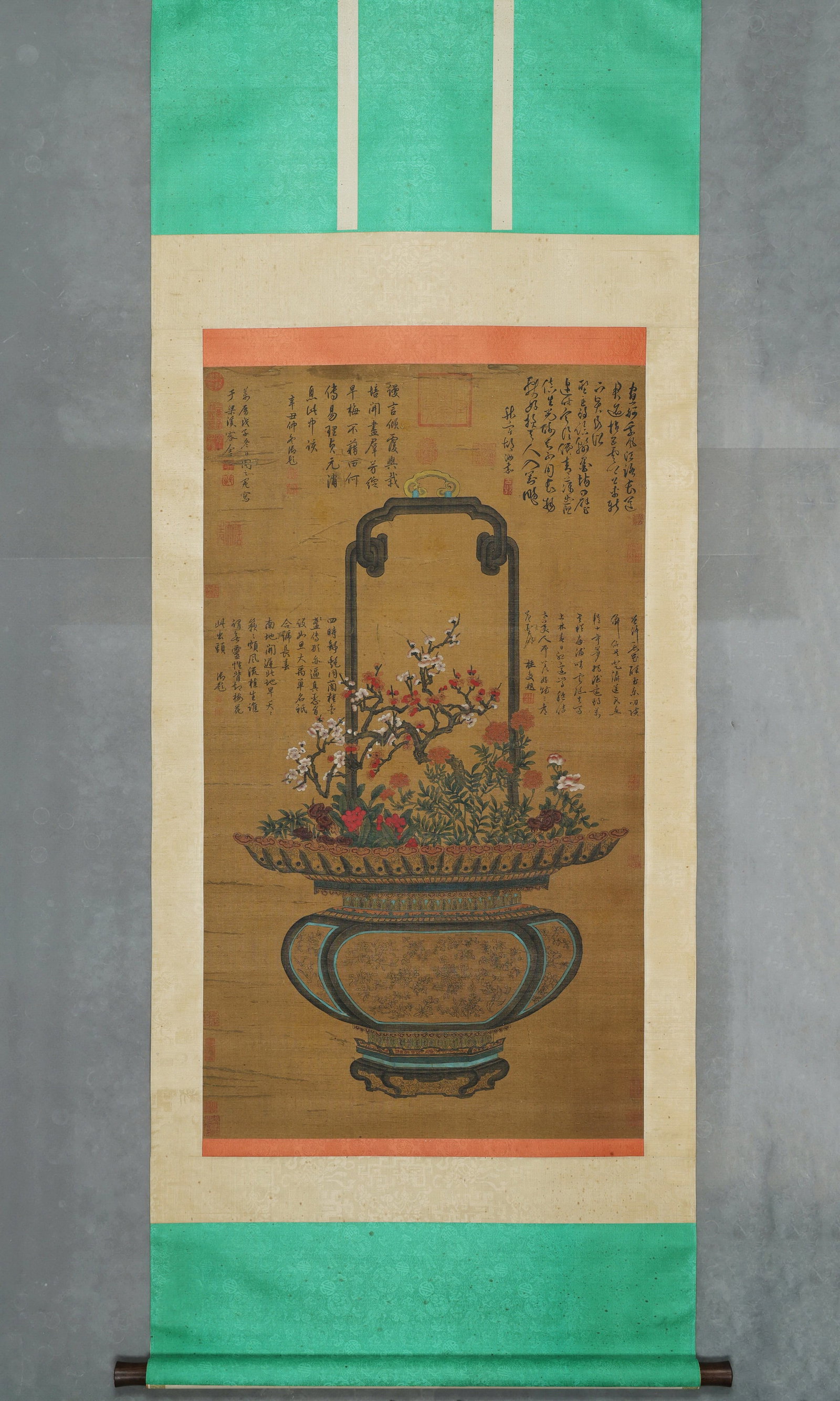 ZHOU ZHIMIAN, FLOWER BASKET, MING DYNASTY, INK AND COLOR ON SILK, HANGING SCROLL: Image size: 125 x 65 cm (49.21" x 25.59")Zhou Zhimian, the celebrated Ming Wu School painter. This authentic hanging scroll depicts a flower basket in fine brushwork on antique silk, with inscriptions