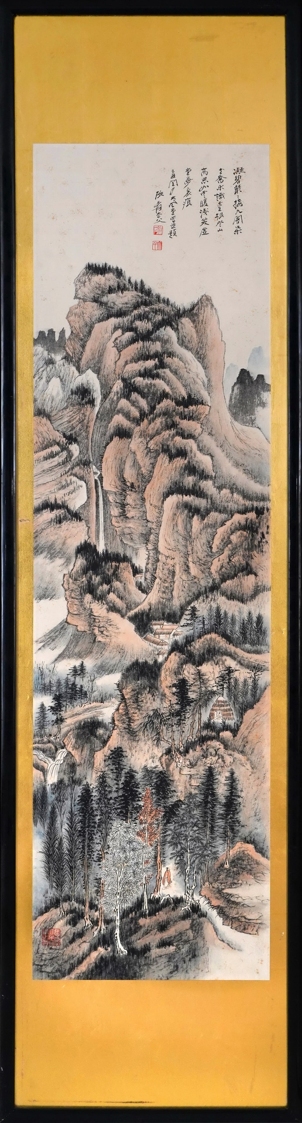ZHANG DAQIAN (1899-1983) FOREST AND WATERFALL, FRAMED INK AND COLOR ON PAPER, DATED 1947: 50.8in x 14.2in (129.0cm x 36.0cm)A refined literati landscape by Zhang Daqian, painted in 1947. Layered mountains, waterfalls, and a wandering scholar are rendered in dry brush and light crimson. Ins