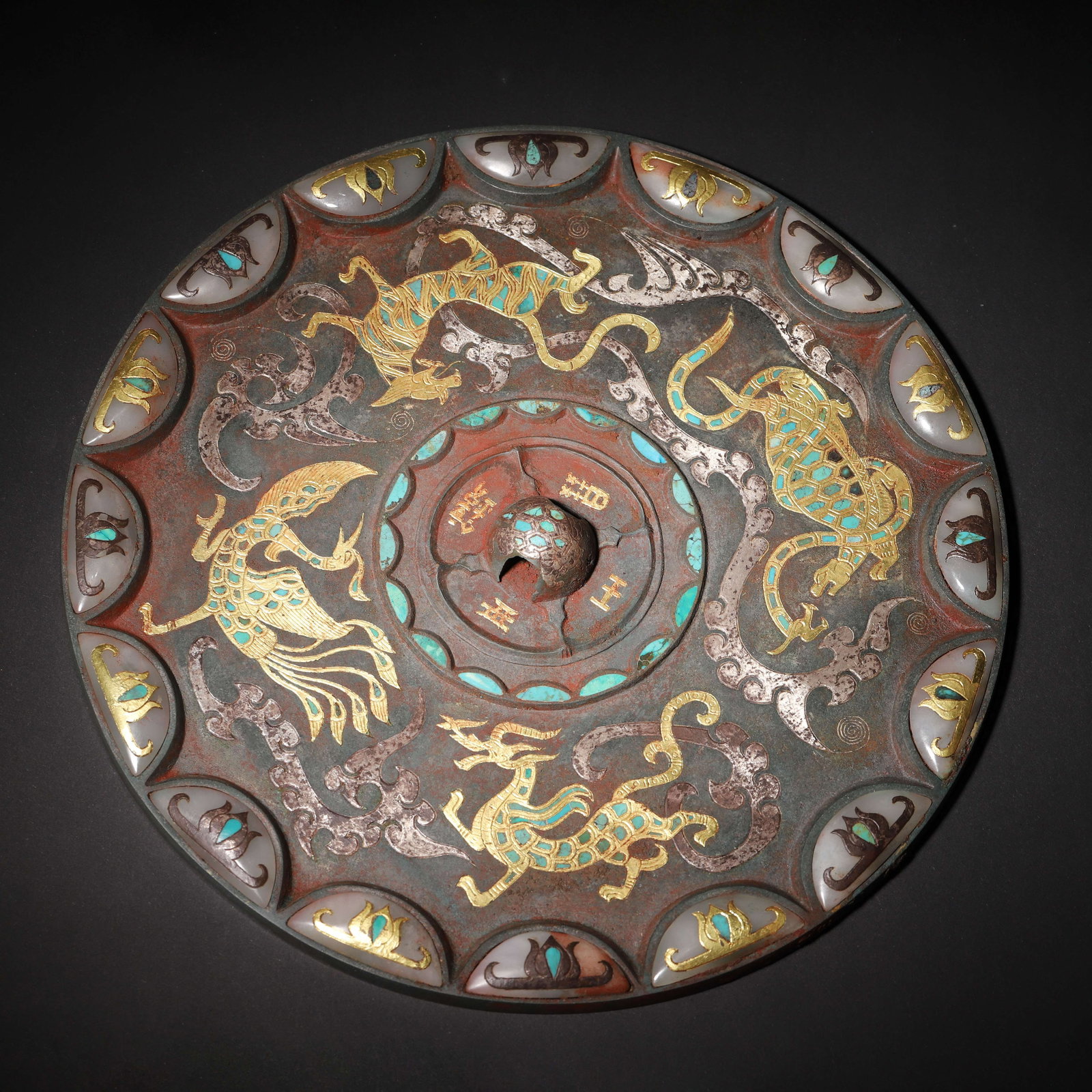 TANG DYNASTY BRONZE MIRROR WITH GOLD & SILVER INLAY, GEMSTONES AND JADE INLAY, DECORATED WITH FOUR (1 of 9)