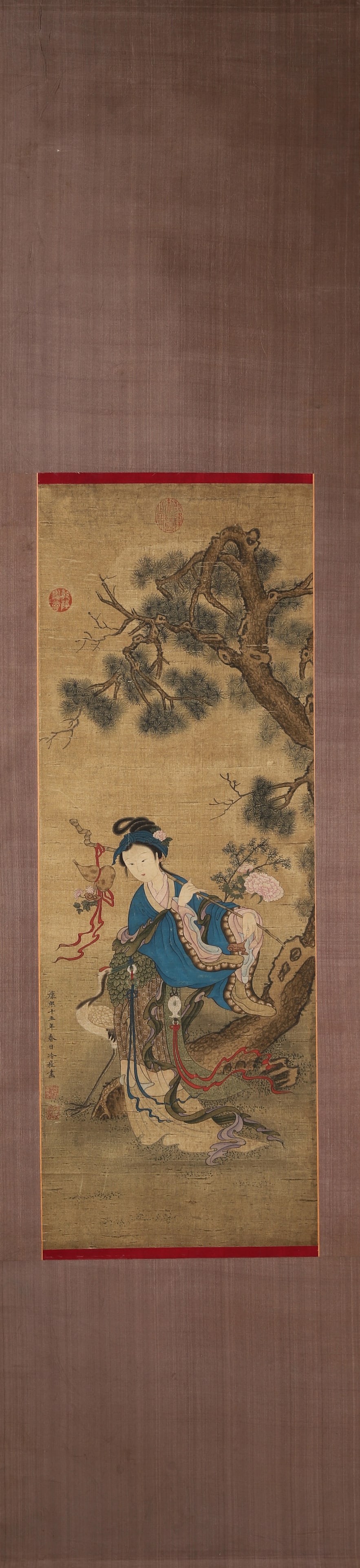 LENG MEI, MAGU PRESENTING LONGEVITY, HANGING SCROLL, INK AND COLOR ON SILK, DATED 1676, QING DYNASTY (1 of 8)