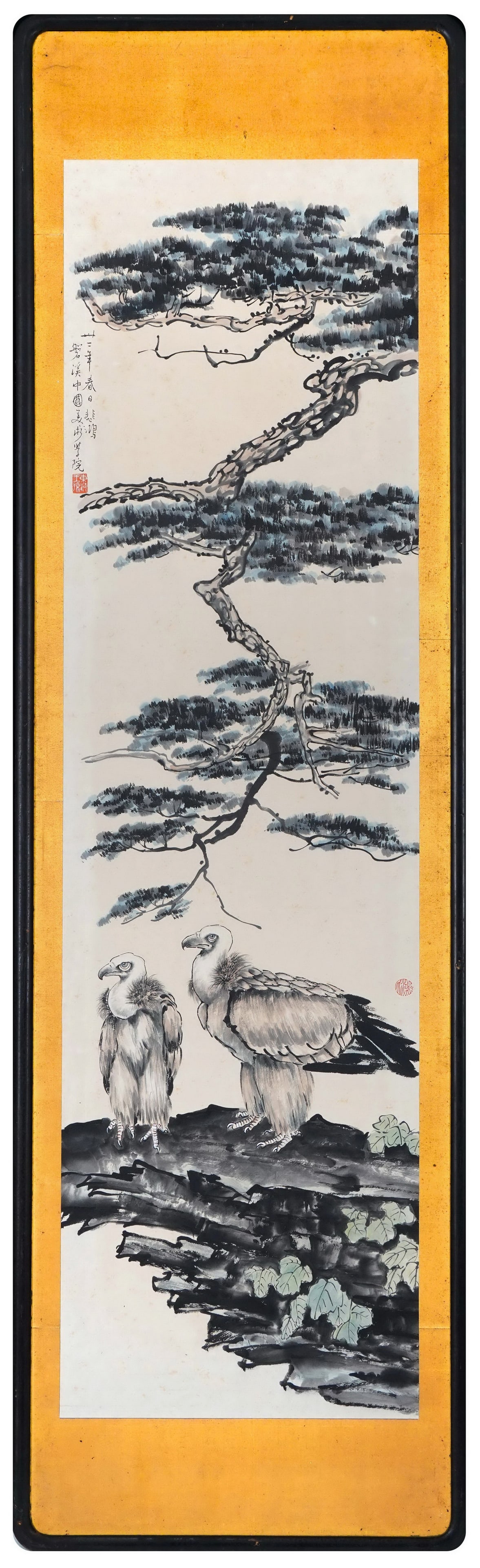 XU BEIHONG (1895-1953) VULTURES UNDER THE PINE, FRAMED INK AND COLOR ON PAPER, DATED 1934 (1 of 12)