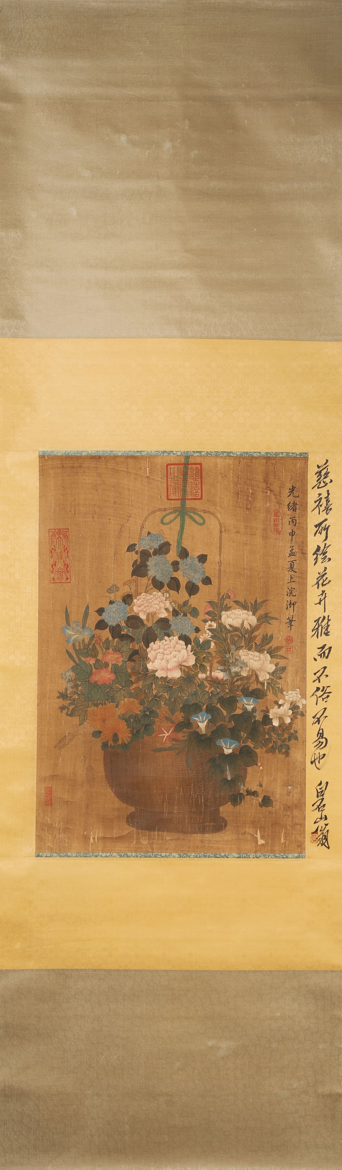 EMPRESS DOWAGER CIXI, FLOWER BASKET, HANGING SCROLL, INK AND COLOR ON SILK, DATED 1896, QING DYNASTY (1 of 9)