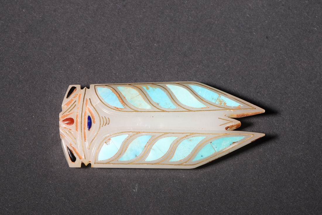 A Han Dynasty Hetian Jade Cicada with Gold and Silver Inlay and Turquoise (1 of 6)
