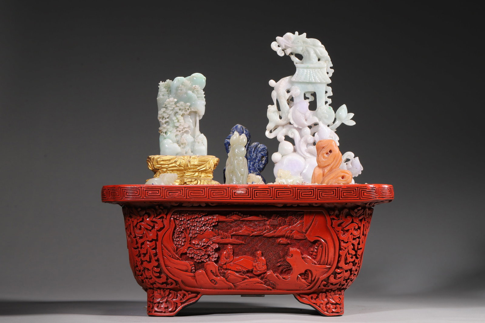 A Cinnabar Lacquer Carved Basin with Multi-gemstone Bonsai - Qing Dynasty, Qianlong Period (1 of 11)