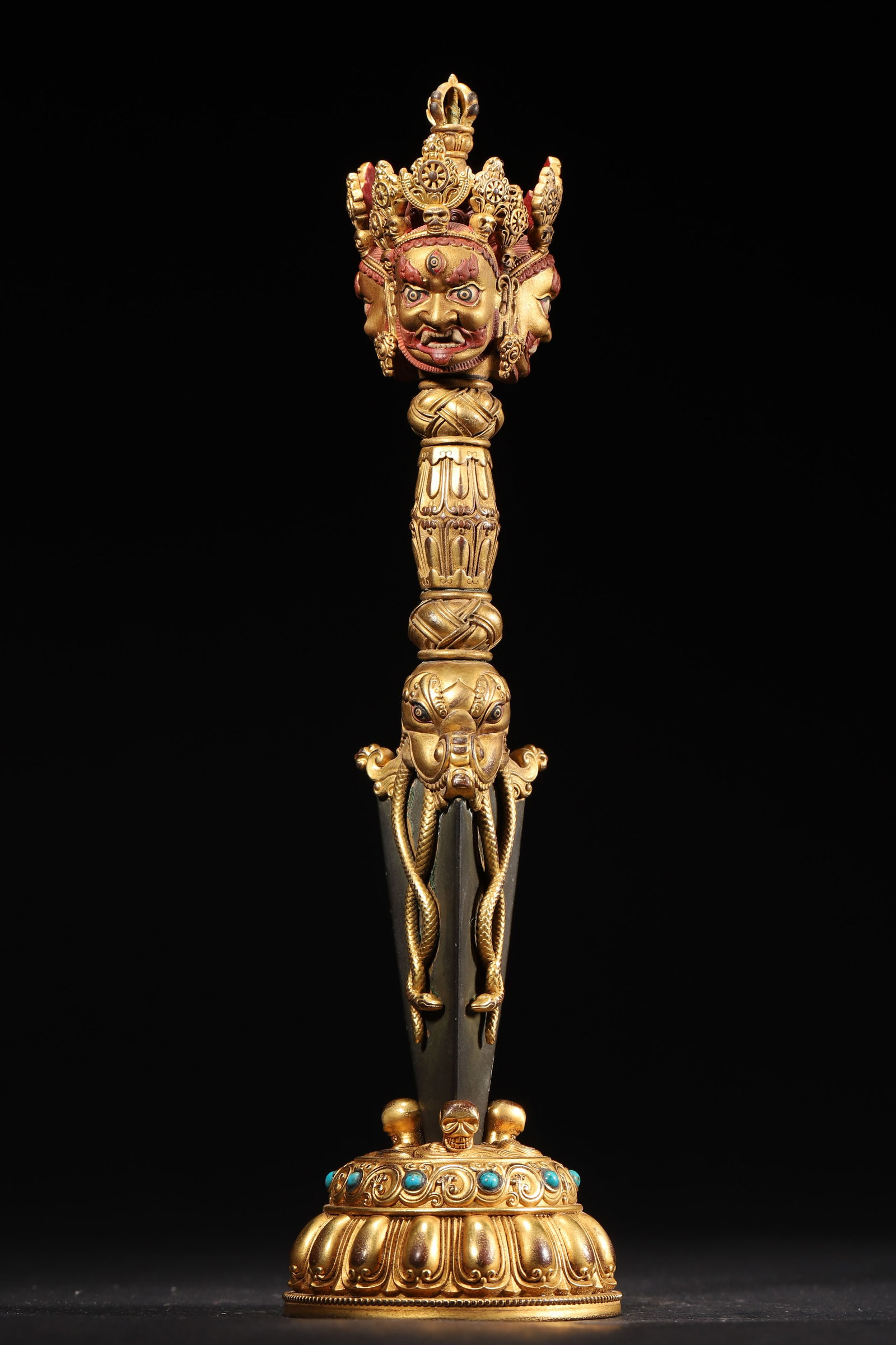 A Gilt-bronze Three-faced Phurba with Stand Inlaid with Gems, Qing Dynasty (1 of 9)