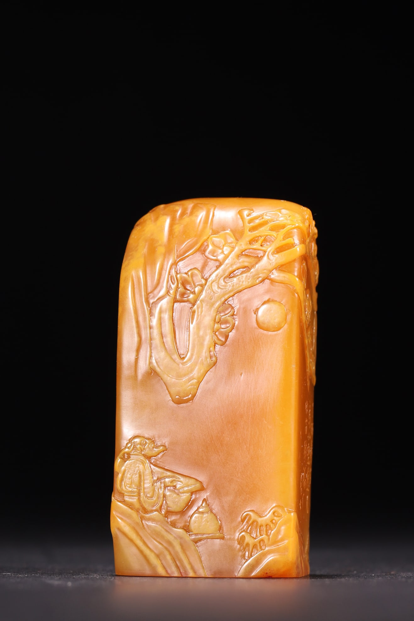 A Tianhuang Stone Seal with "Tasting Tea Under the Moon" Relief, Qing Dynasty (1 of 7)