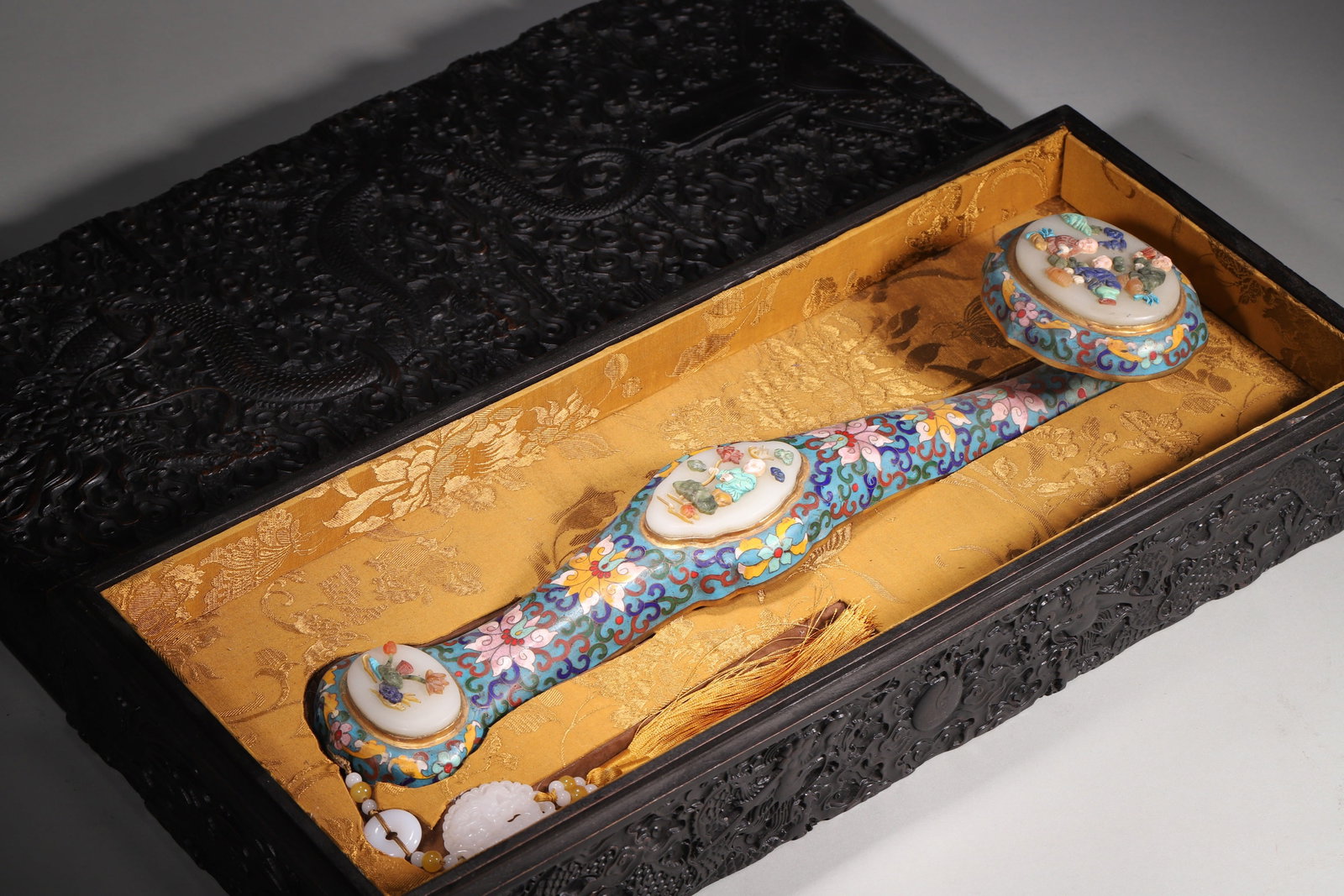 A Cloisonné Enamel Ruyi Scepter with Multi-gemstone Inlaid Children and Longevity Motif, Marked (1 of 13)