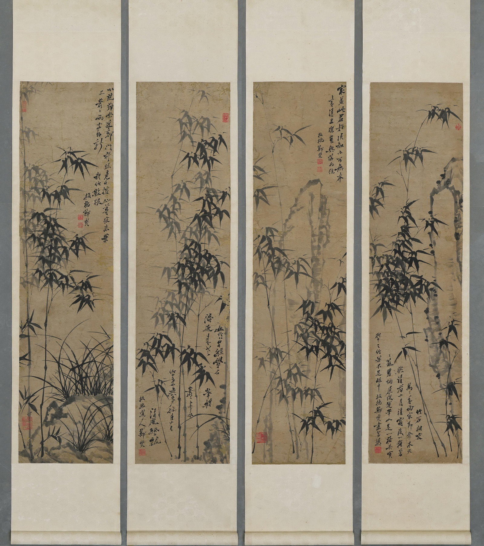 Four Hanging Scrolls of "Ink Bamboo" by Zheng Banqiao, Qing Dynasty: Picture Core: L 135cm (53.15 in); W 34cm (13.39 in)This set of four hanging scrolls is a representative work of Zheng Banqiao, depicting ink bamboo, orchids and rocks with powerful strokes. The bamboo
