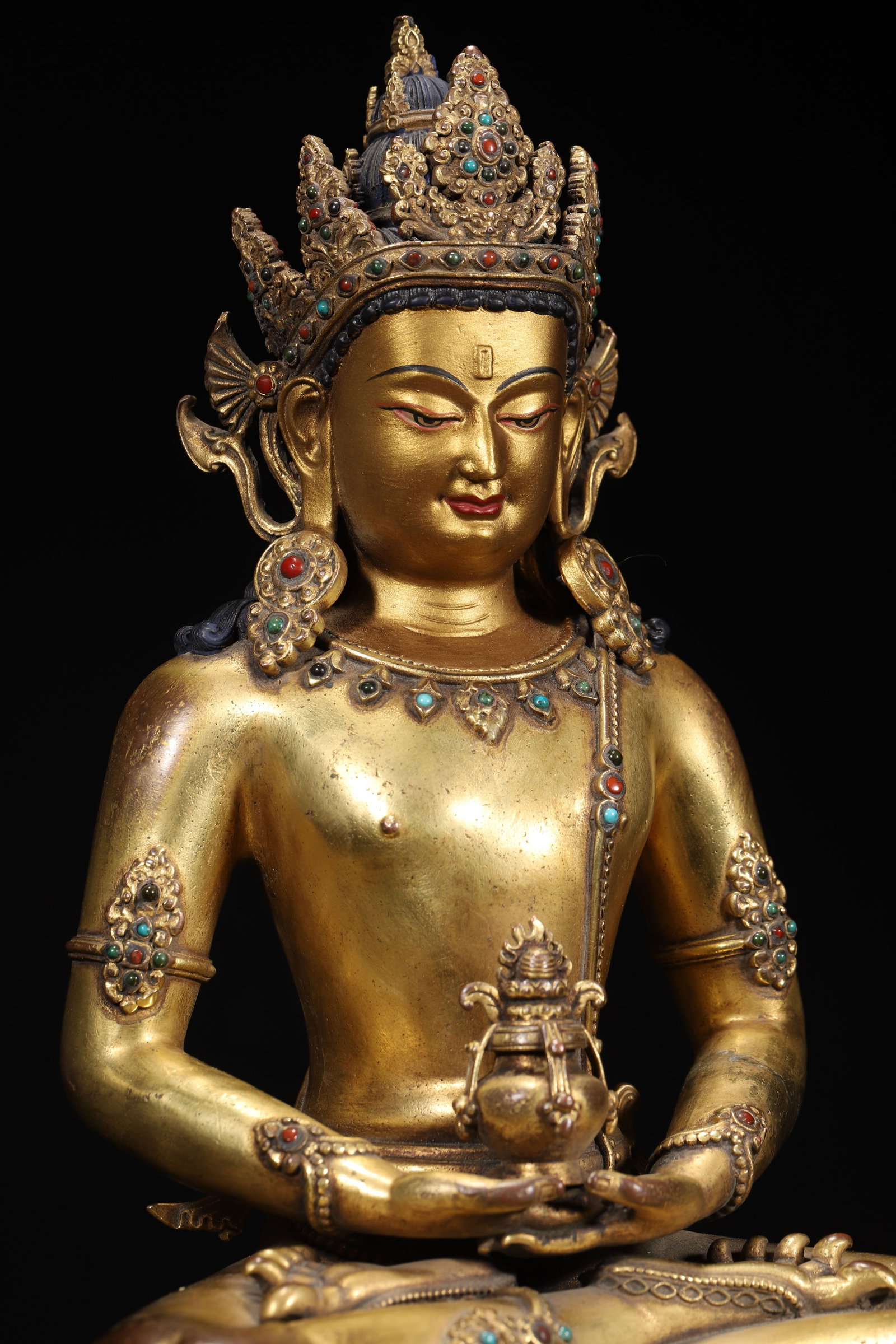 A Gilt-Bronze Inlaid Amitayus Statue, Imperial Palace Made, Qing Dynasty, Dated to 25th Year of - 6