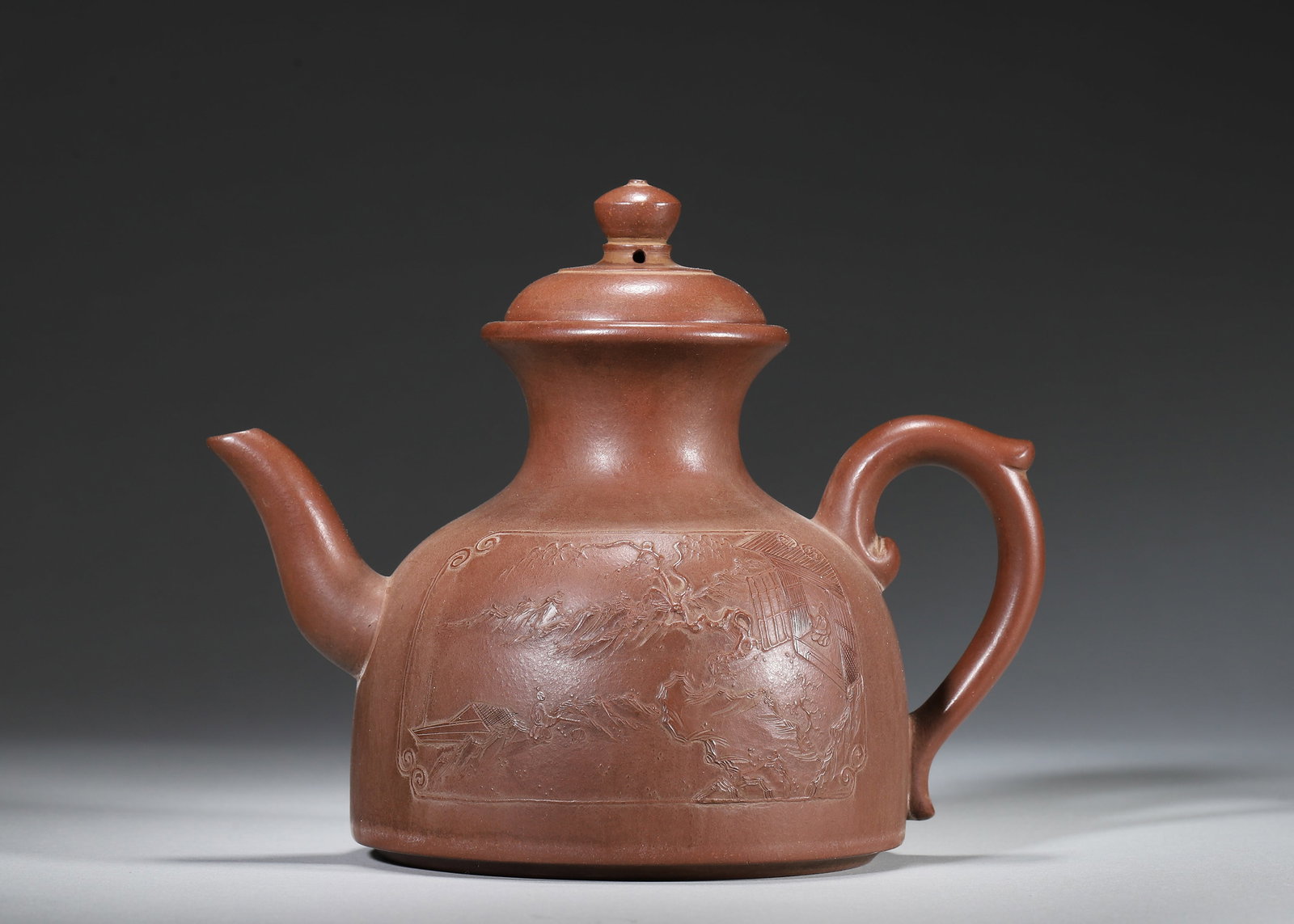 A Yixing Zisha Teapot with Landscape & Poem Carving, Qing Dynasty, Lid by Wang Yinxian (1 of 8)
