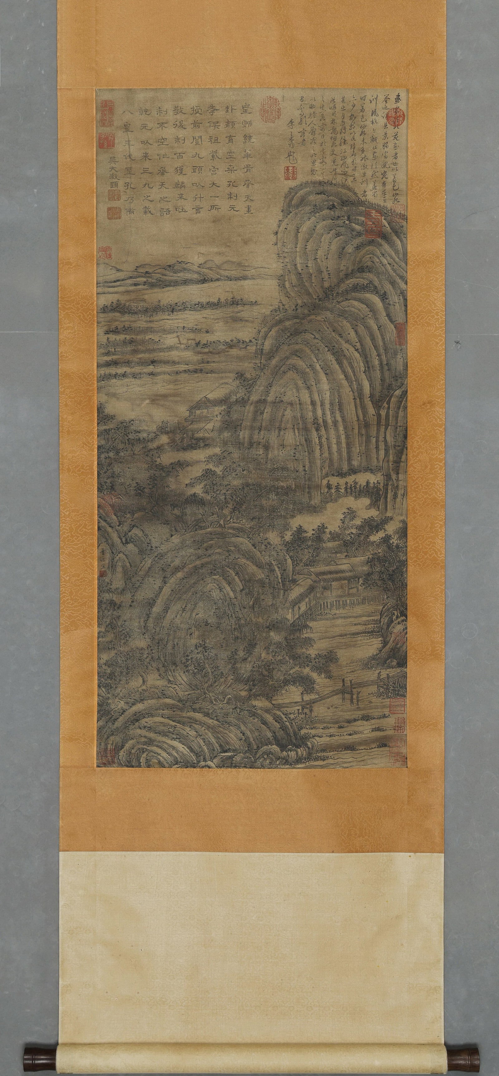 An Old Silk Hanging Scroll of "Summer Mountains Approaching Rain" by Dong Yuan, Five Dynasties (1 of 9)