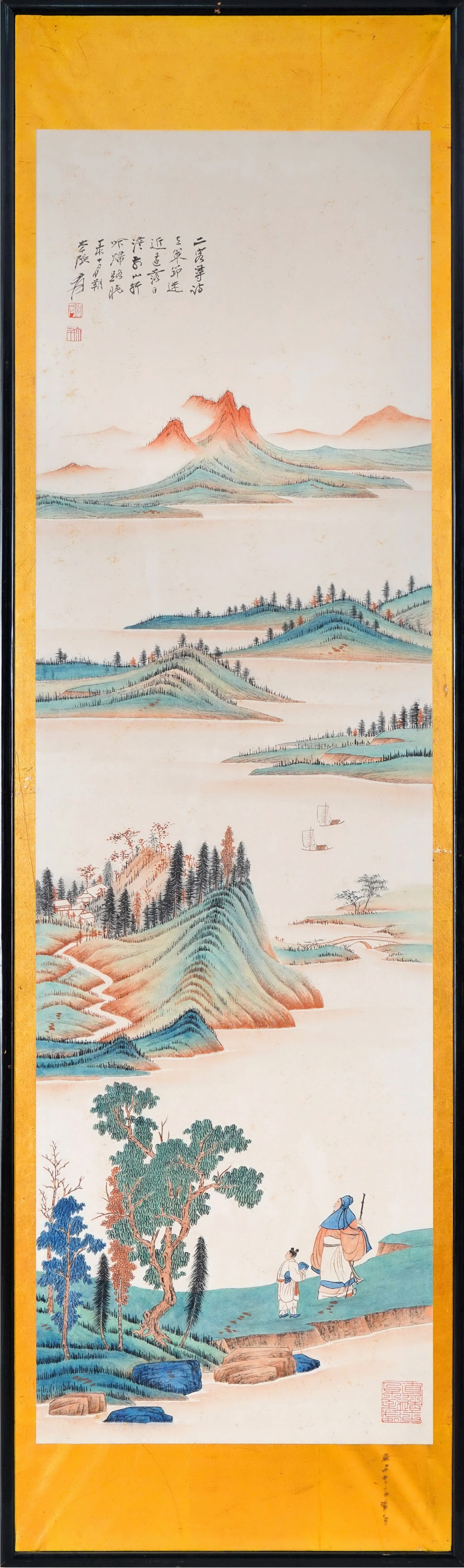 Green Landscape: Two Scholars Seeking Poems by Zhang Daqian, Republic of China, Framed (1 of 10)
