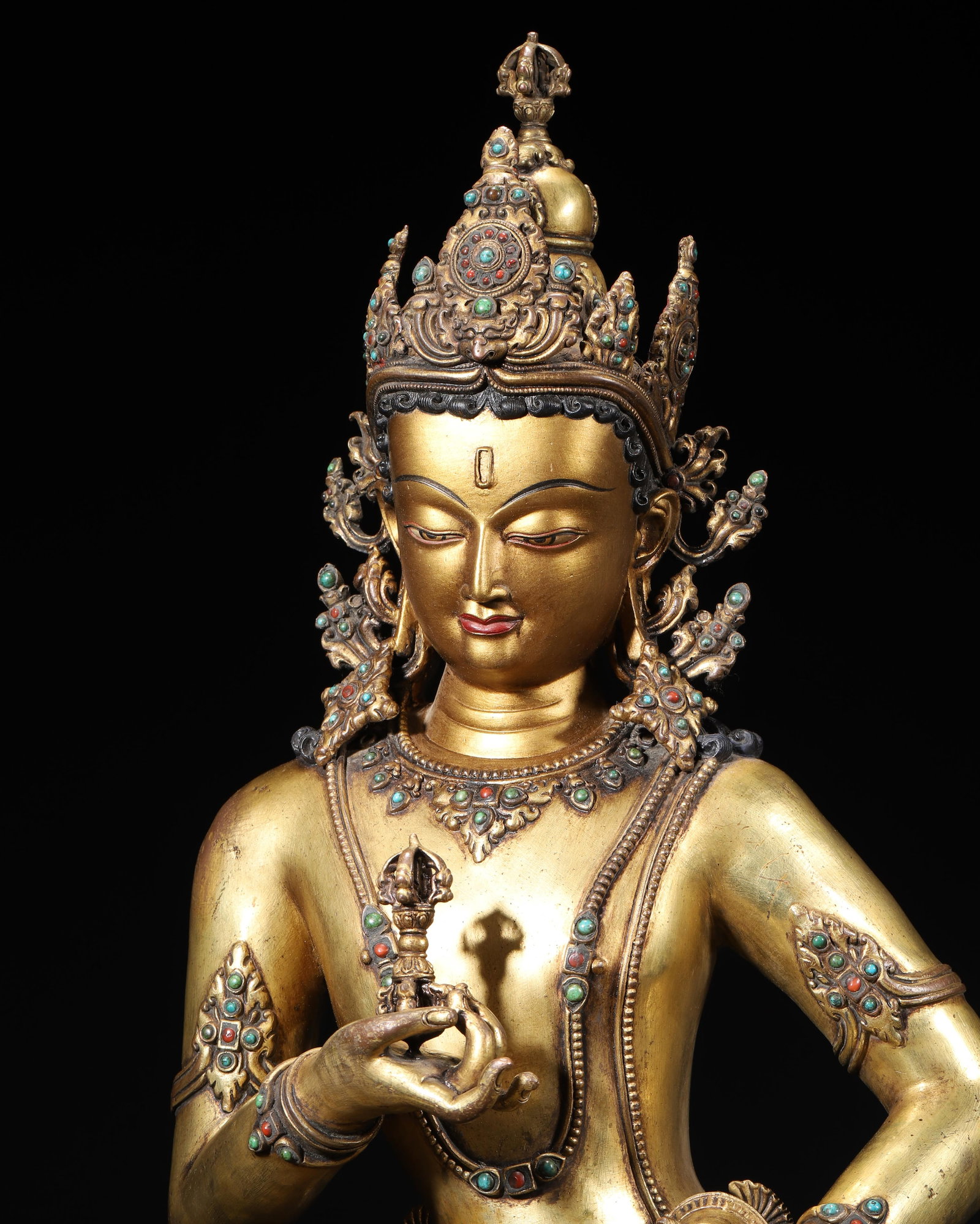 A Gilt Bronze Inlaid Gemstone Vajrasattva Seated Statue, Qing Dynasty - 3