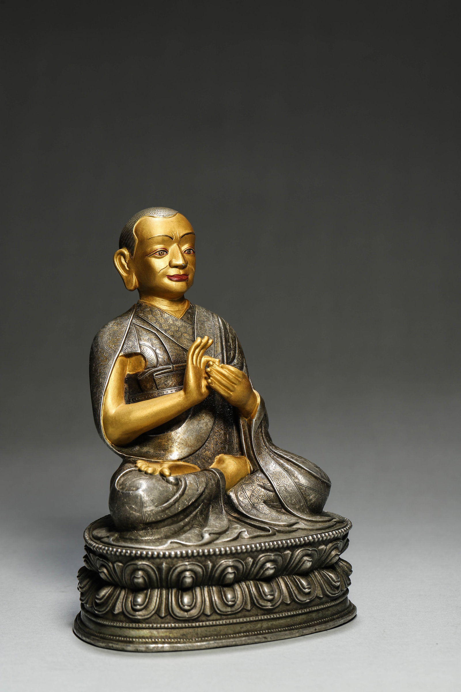 A Silver Statue of a Lama with Partial Gold Facing, Qing Dynasty - 11