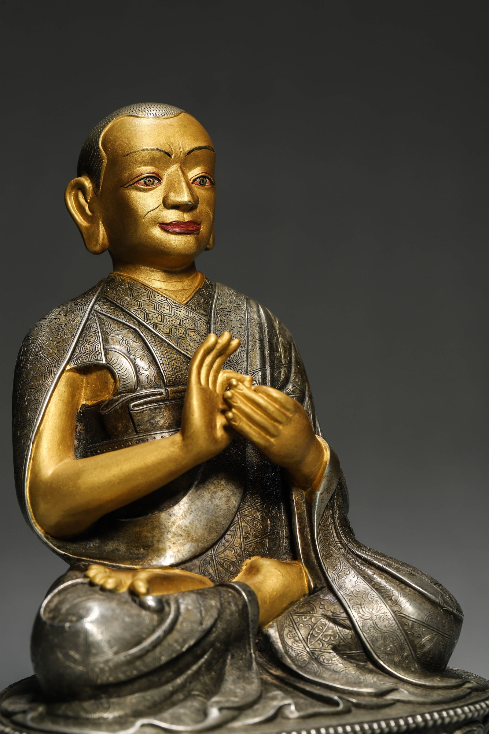 A Silver Statue of a Lama with Partial Gold Facing, Qing Dynasty - 12