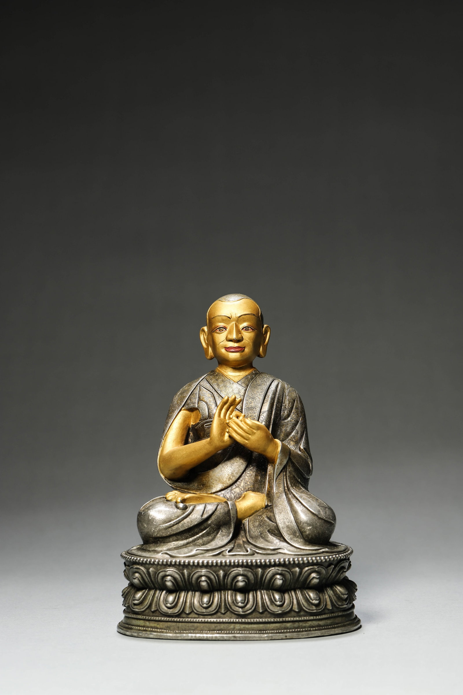 A Silver Statue of a Lama with Partial Gold Facing, Qing Dynasty (1 of 14)