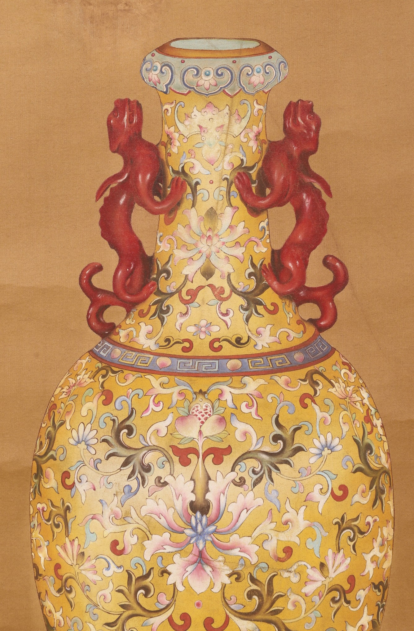 A Silk Painting of "Yellow-ground Famille Rose Vase with Dragon Handles" Signed Giuseppe - 4