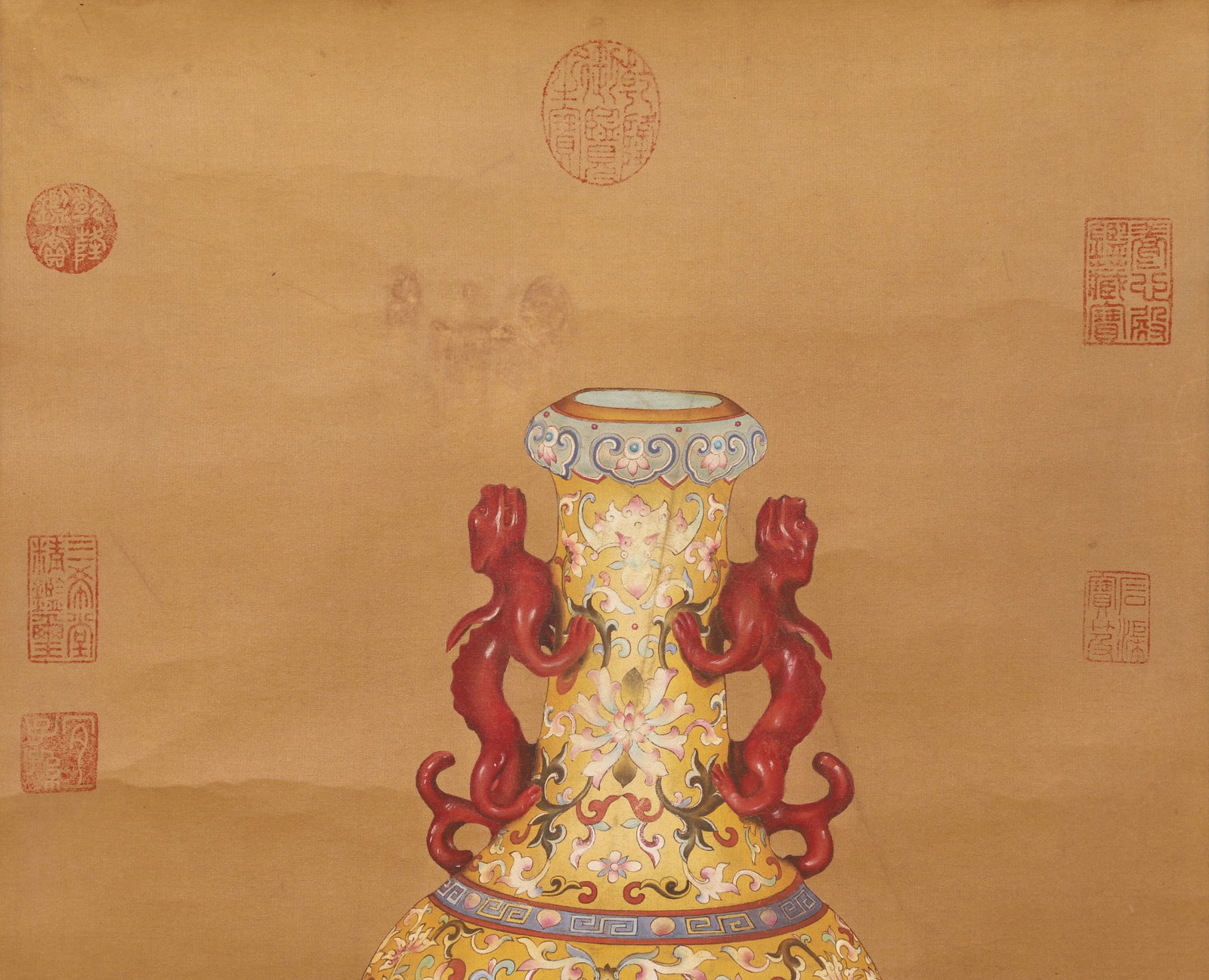 A Silk Painting of "Yellow-ground Famille Rose Vase with Dragon Handles" Signed Giuseppe - 5