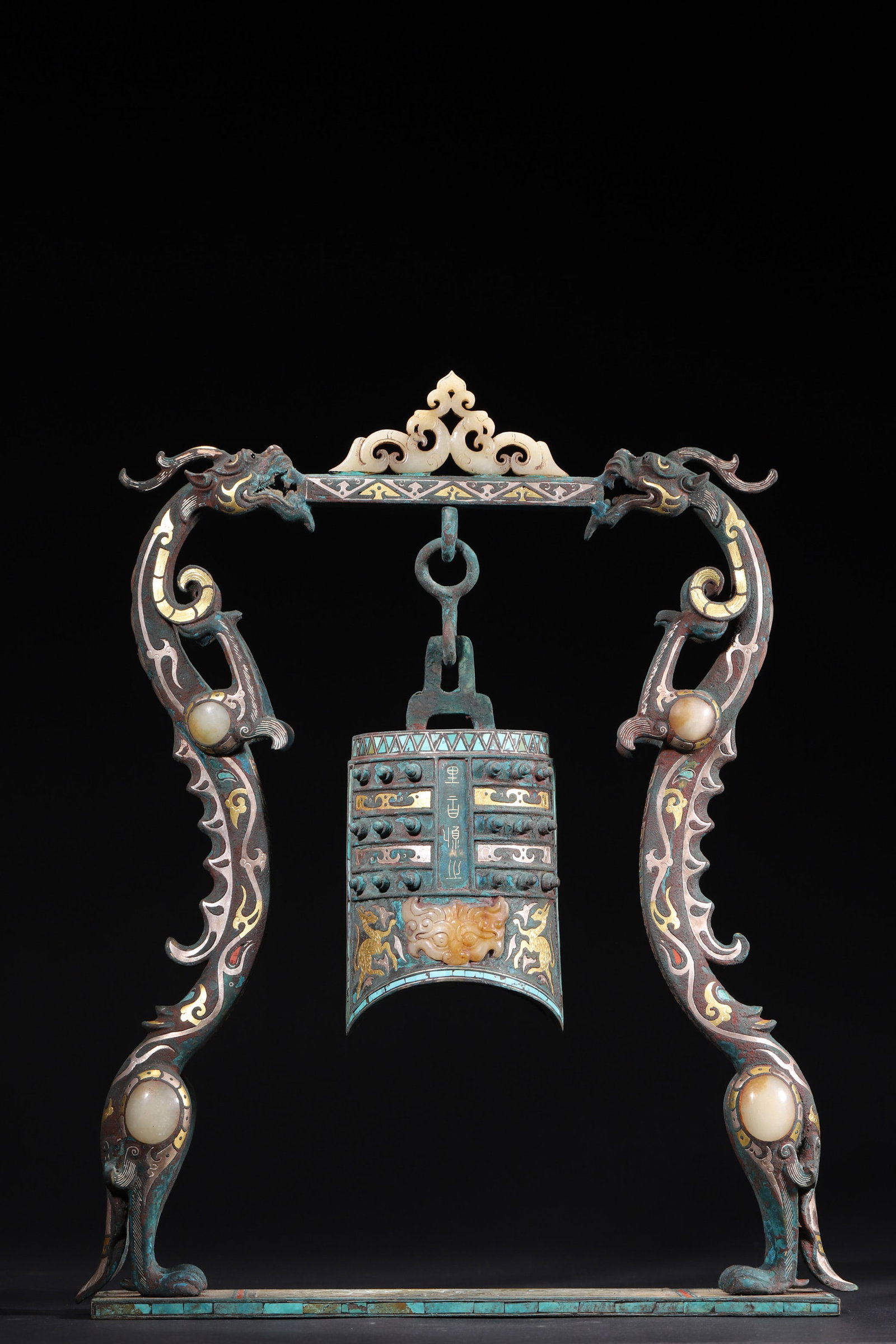 A Gold and Silver Inlaid Bronze Chime Bell with Turquoise and Jade Dragon Inlay - Warring States (1 of 10)